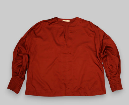 MANGO Deep Rust Red Blouse – Voluminous Sleeves, Pleated Cuffs