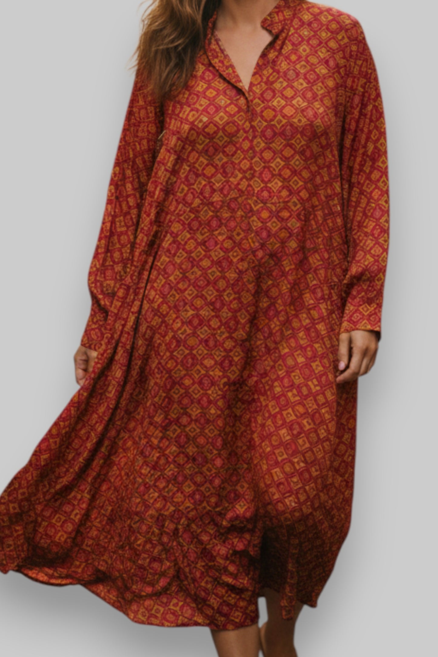 Women's Geometric Print Shirt Dress – Long Sleeve, Flowing Viscose, Warm Tones