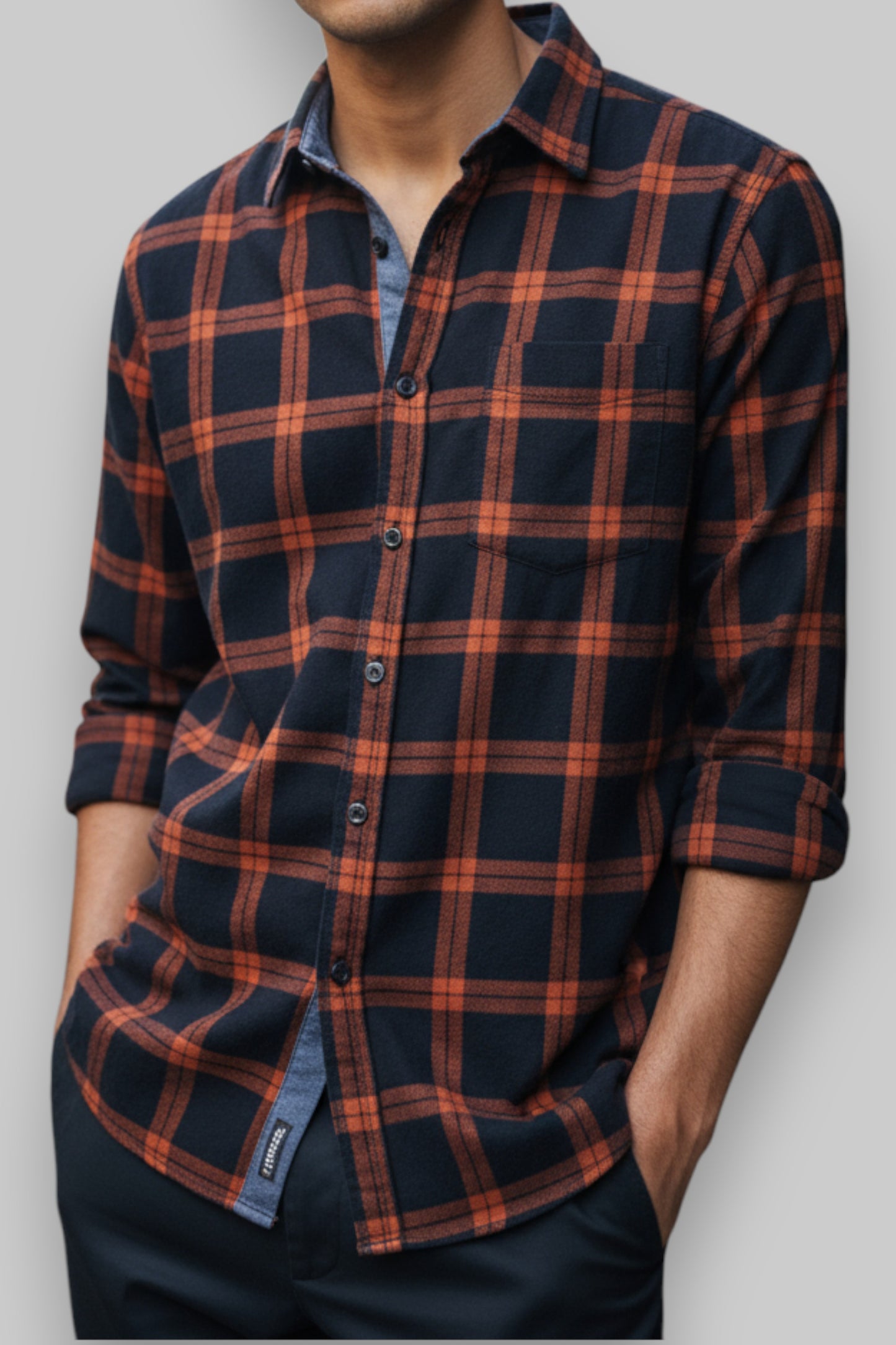 CANDA by C&amp;A Men’s Adventure Explorer Flannel Shirt – Navy, Burnt Orange &amp; White Plaid (Size XL)