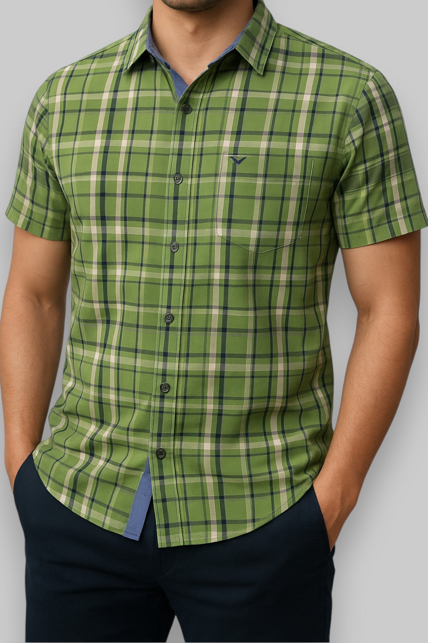 KNM Kenmore Men’s Short-Sleeve Plaid Shirt – Green, Blue &amp; White Check