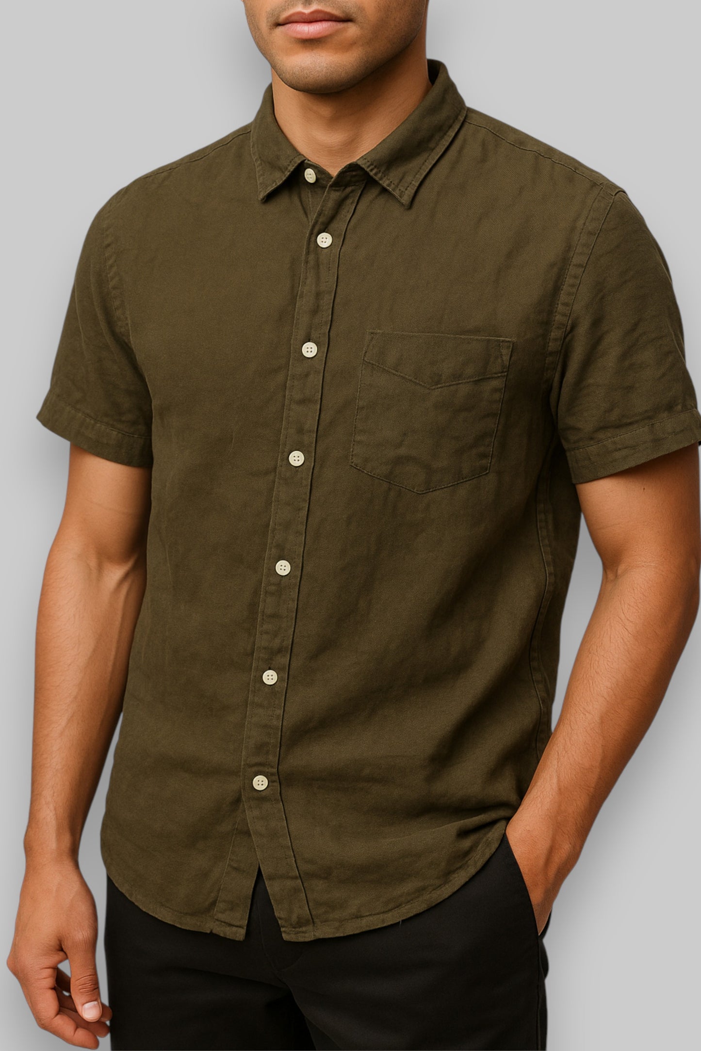 H&M;M L.O.G.G. Men’s Short-Sleeve Shirt – Deep Olive Green (Cotton-Linen Blend)  Description