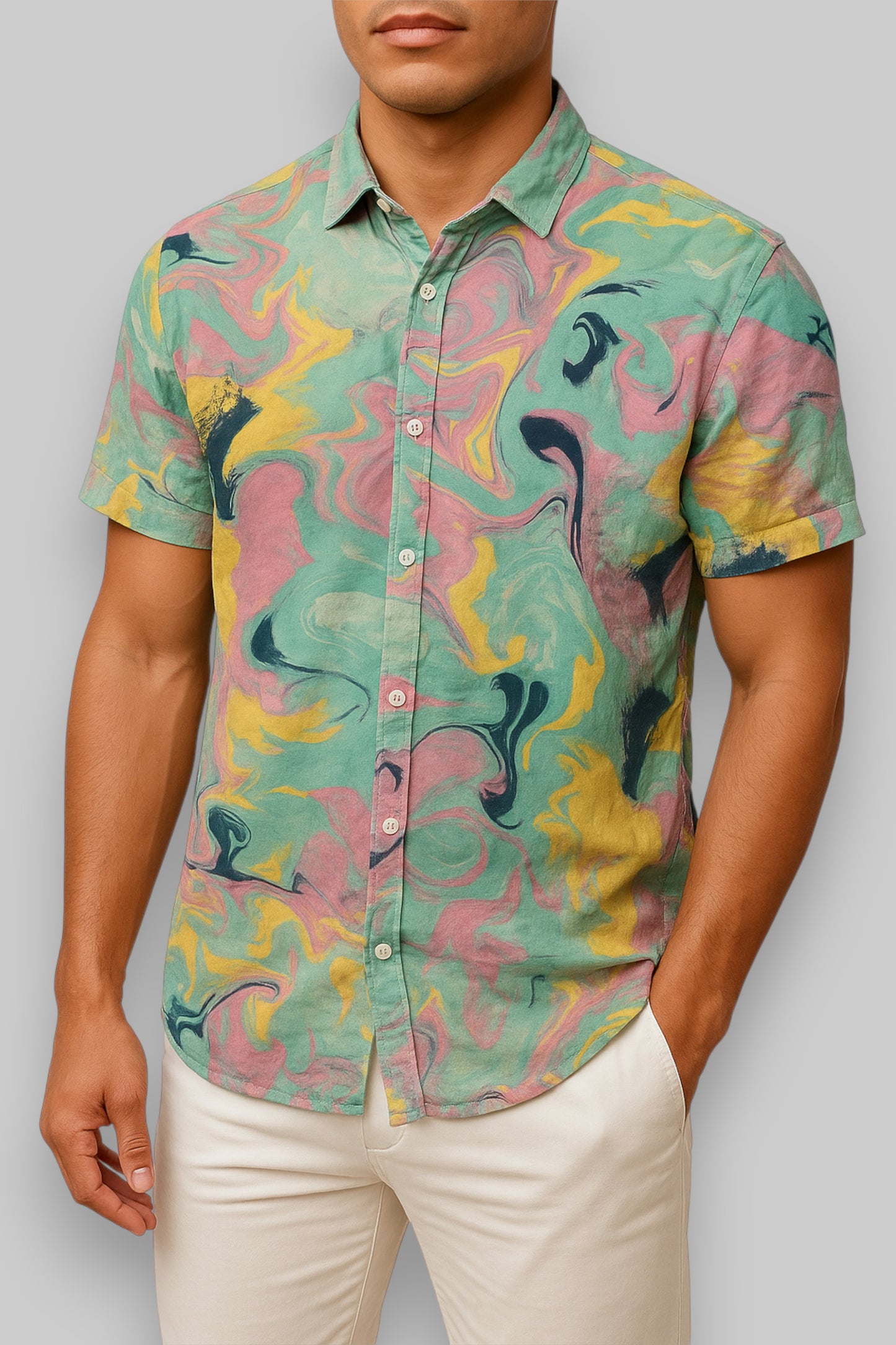 Pull&amp;Bear Men’s Short-Sleeve Button-Up Shirt – Multicolor Swirl Pattern