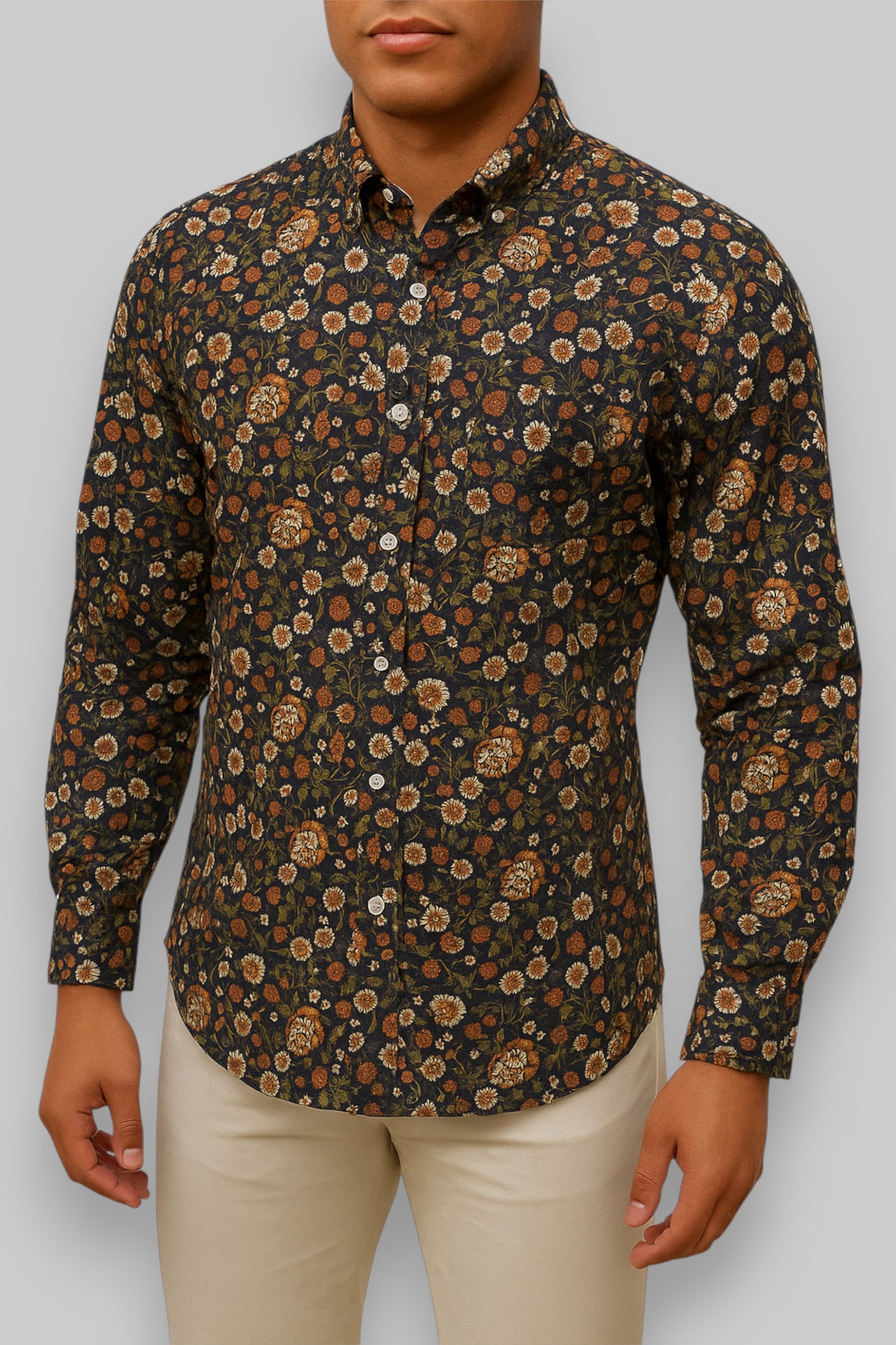 J.T. Ascott Men’s Long-Sleeve Floral Shirt – Navy Blue with Multicolor Print (Modern Fit)