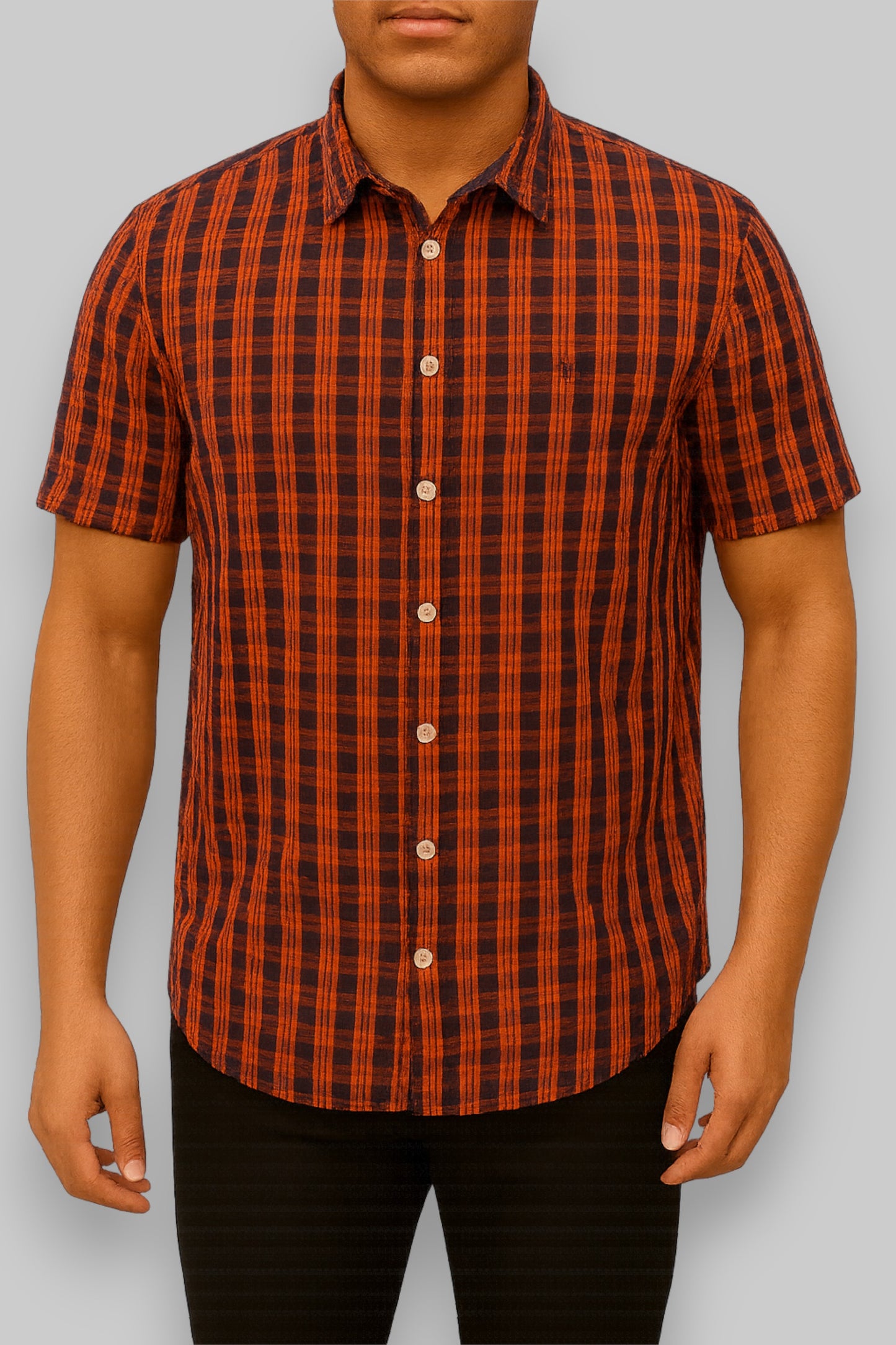 Human Nature Men’s Short-Sleeve Plaid Shirt – Navy Blue &amp; Burnt Orange