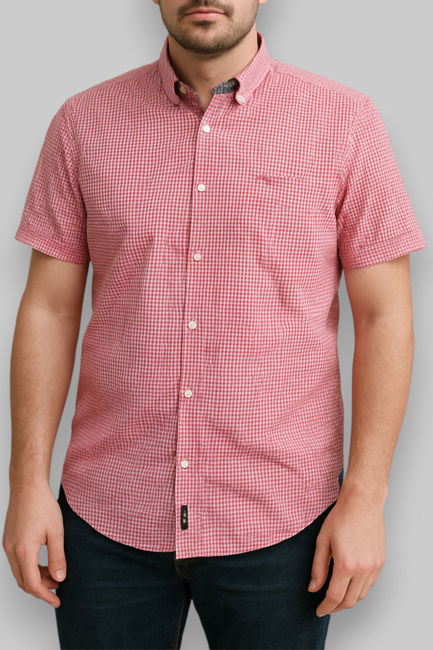 McGregor Men’s Short-Sleeve Button-Up Shirt – Red &amp; White Micro Gingham