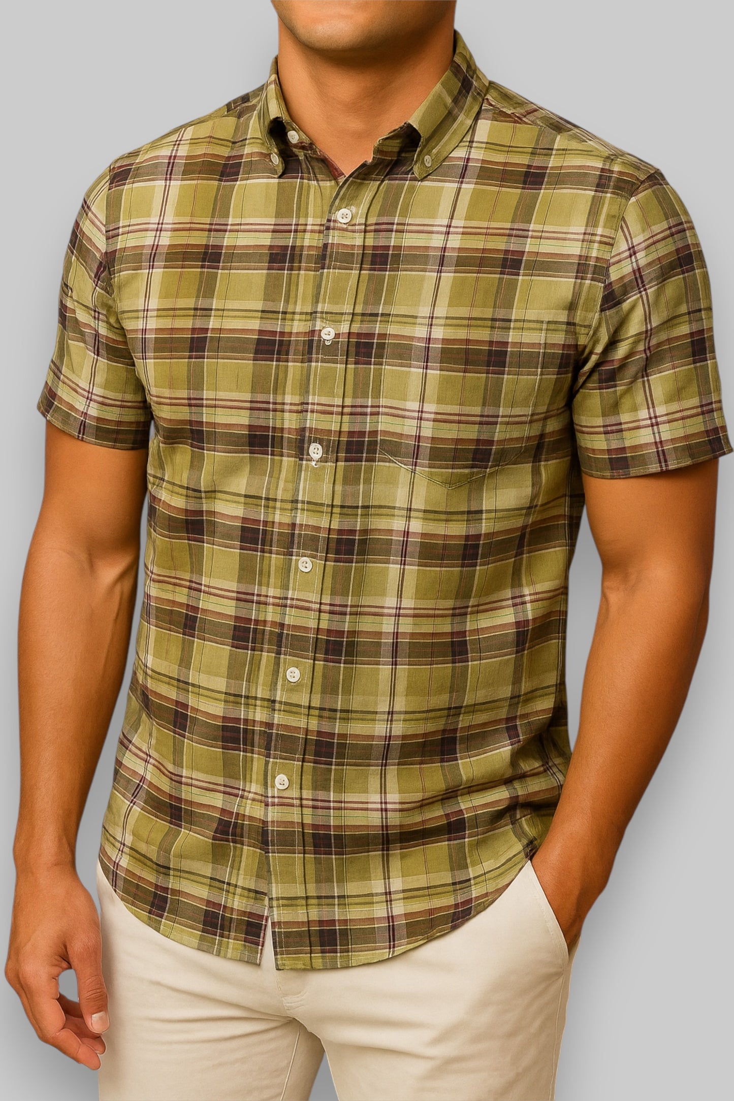 MAN’S WORLD BASIC Men’s Short-Sleeve Plaid Shirt – Olive Green with Multicolor Checks