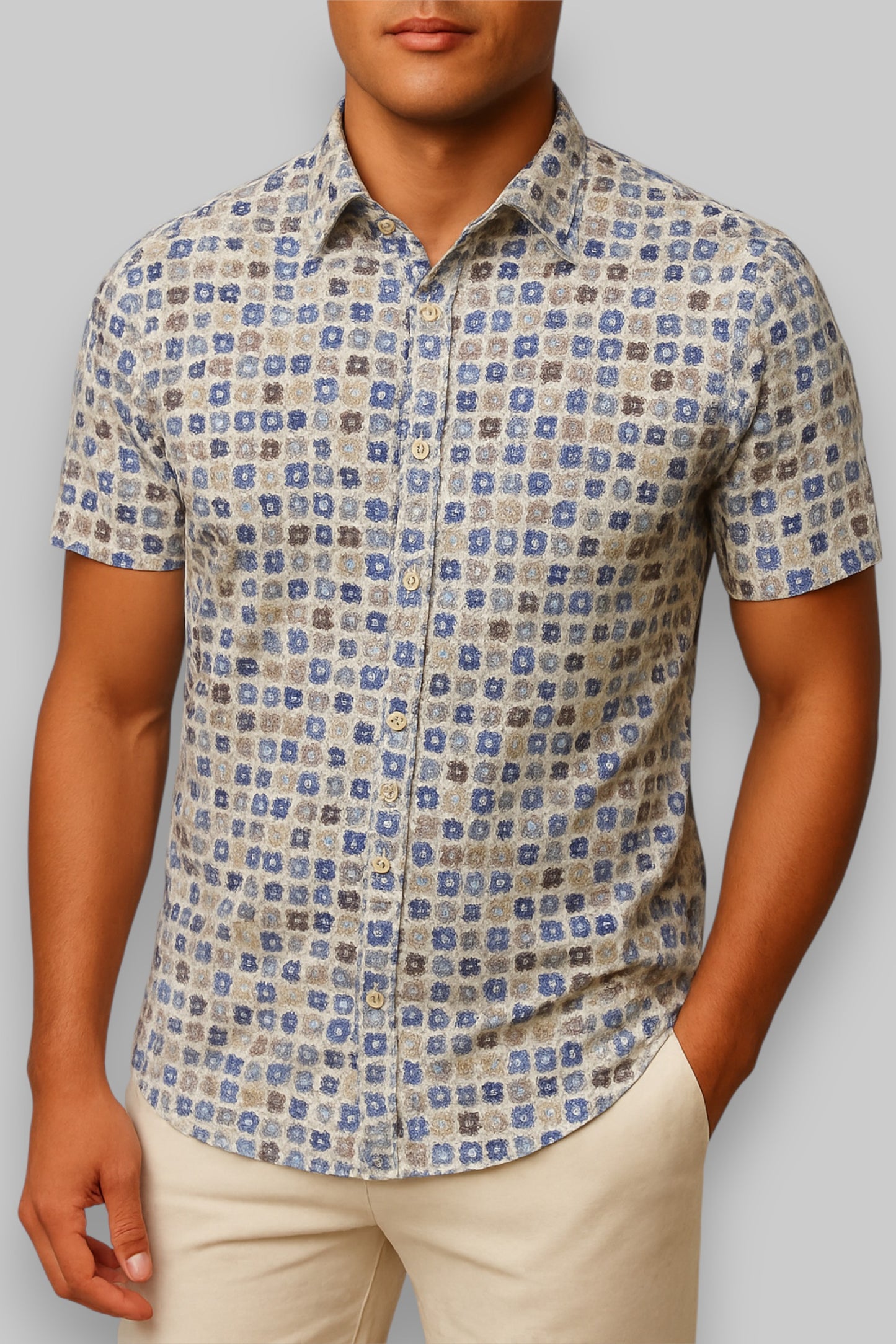 Bartlett Finest Shirt Men’s Long-Sleeve Button-Up – Cream with Blue Mosaic Print