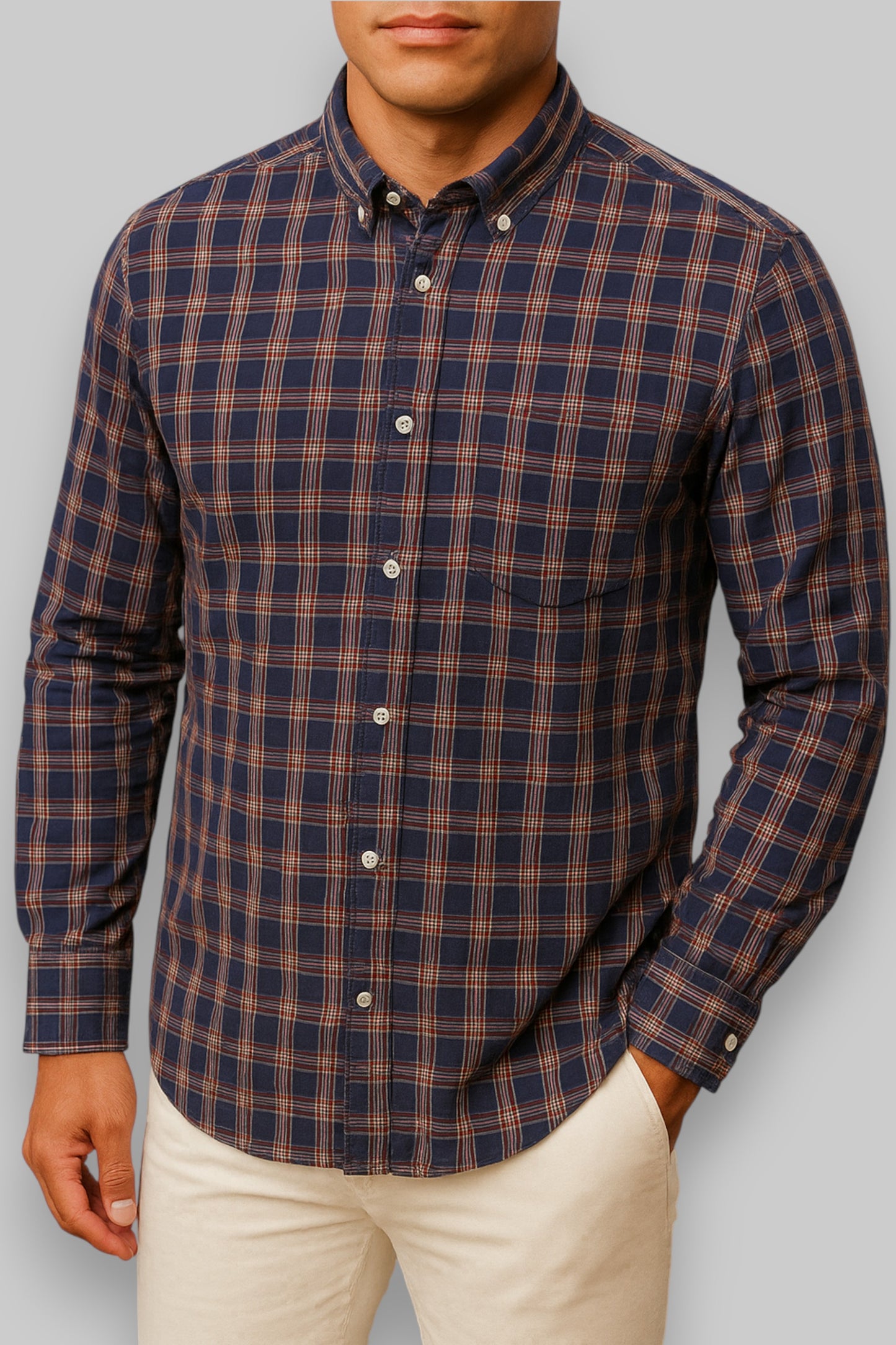 H&amp;M Men’s Long-Sleeve Plaid Shirt – Navy Blue with Multicolor Check (Regular Fit)