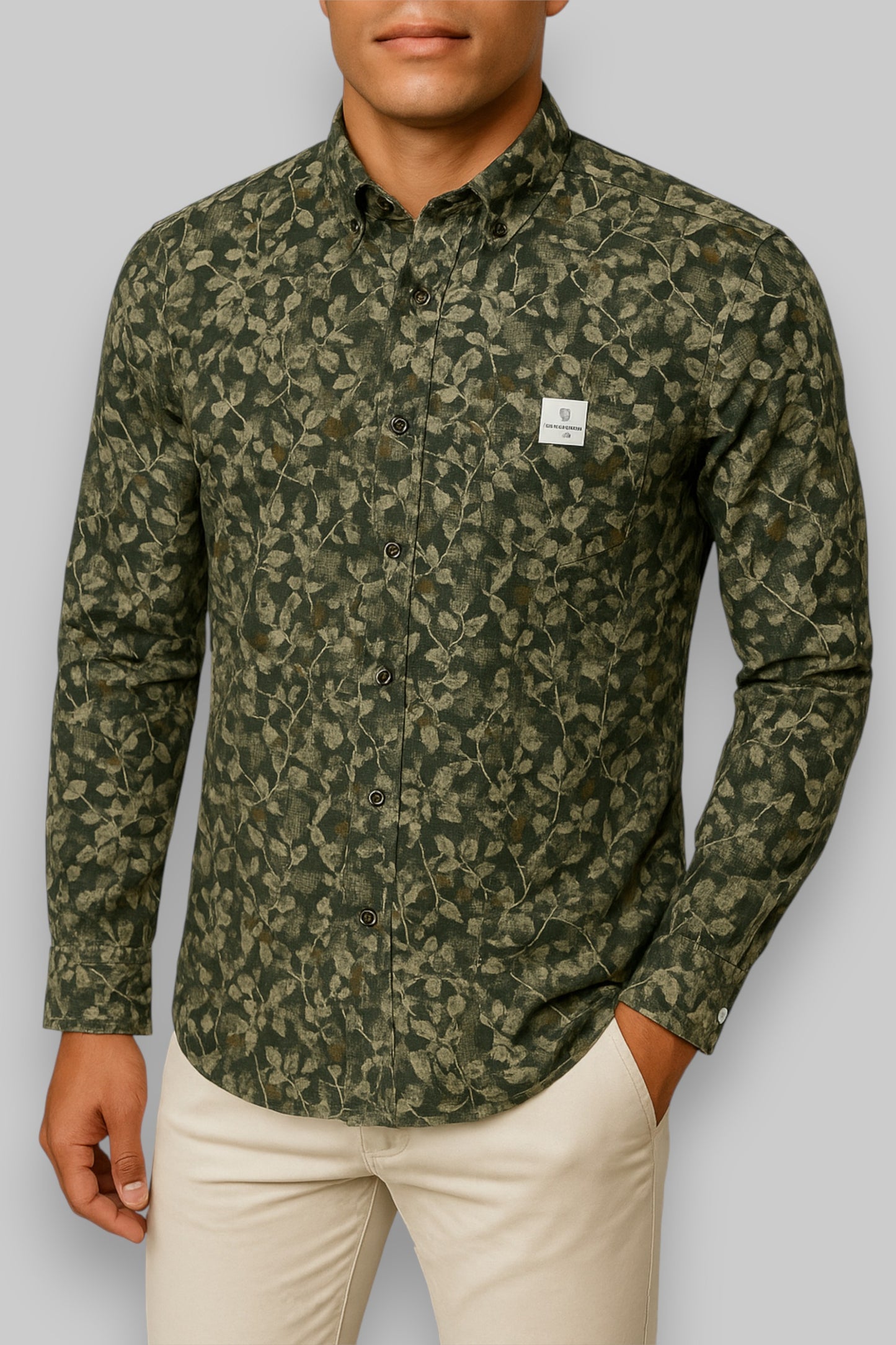 State of Art Men’s Long-Sleeve Printed Shirt – Forest Green Abstract Leaf Pattern
