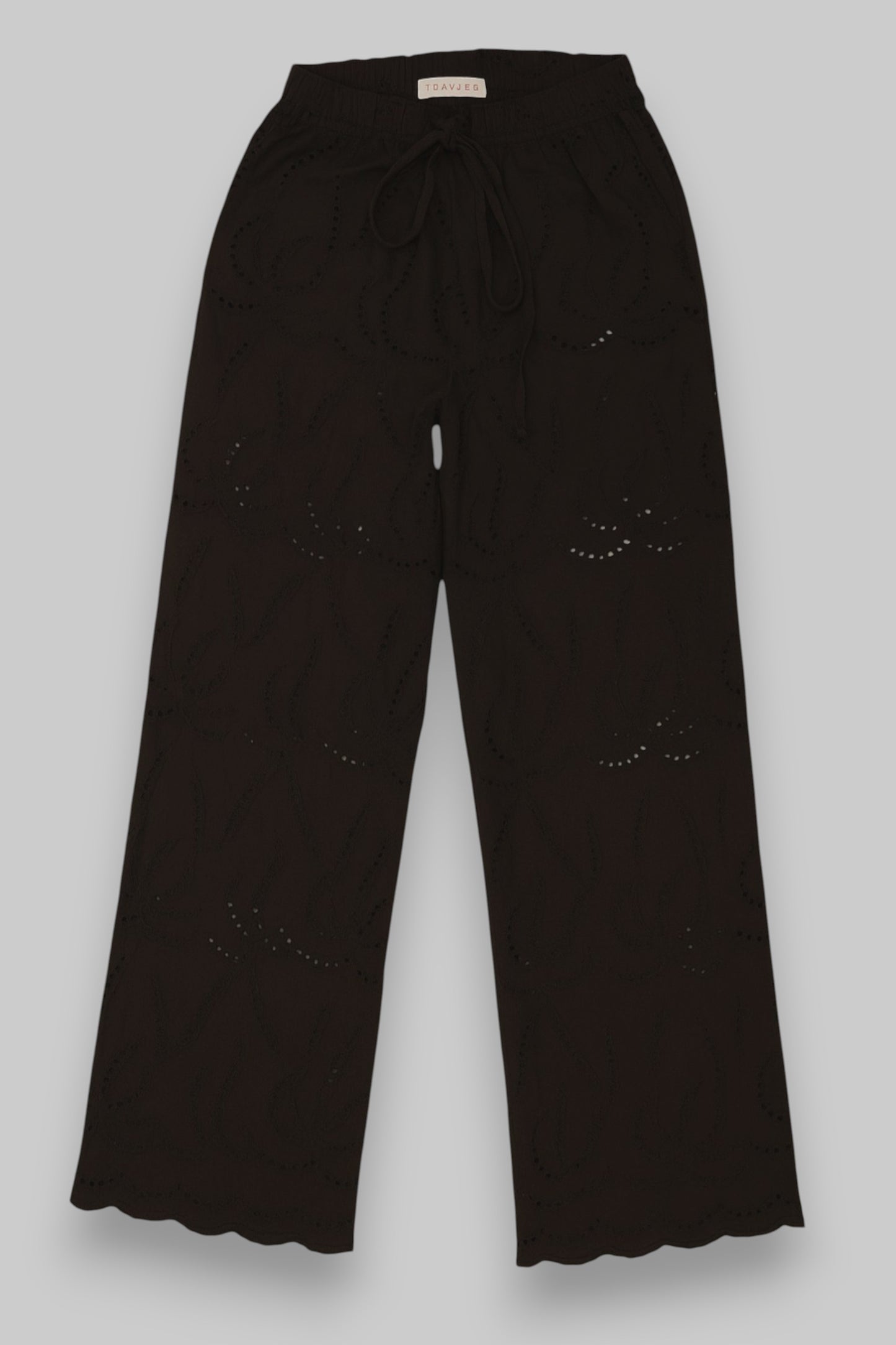 LOAVIES Black Cotton Eyelet Trousers – Wide-Leg Style (Size S)