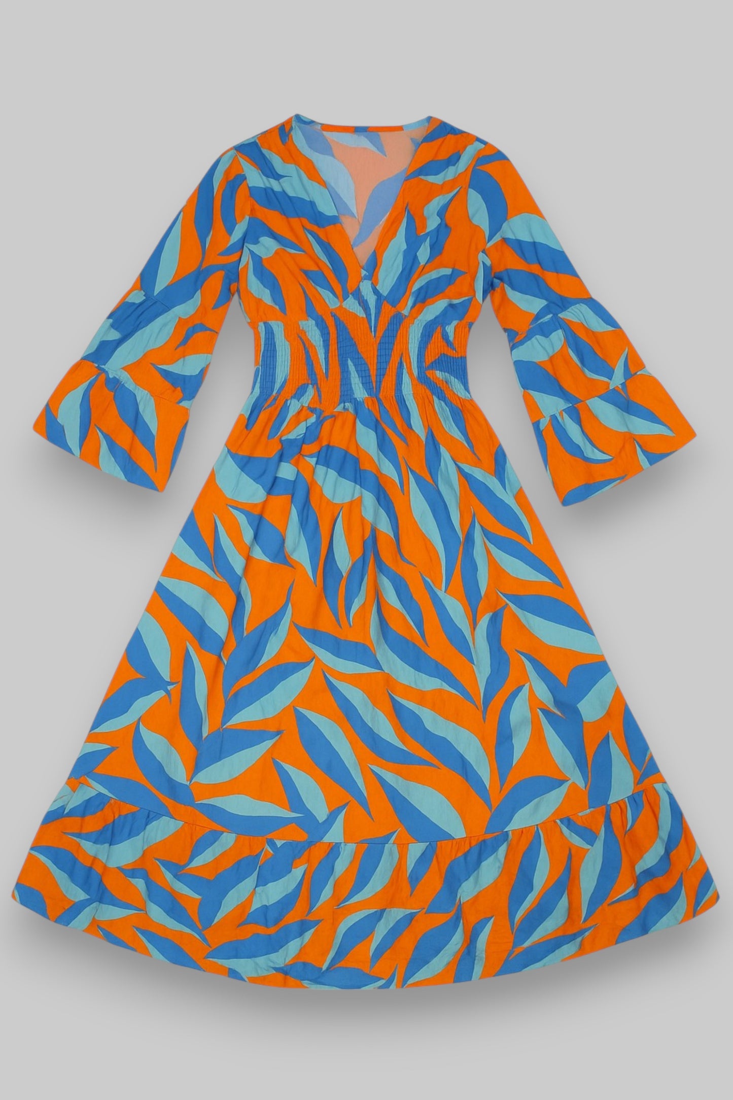Bohemian Orange & Blue Leaf Print Maxi Dress – Smocked Waist & Flared Sleeves