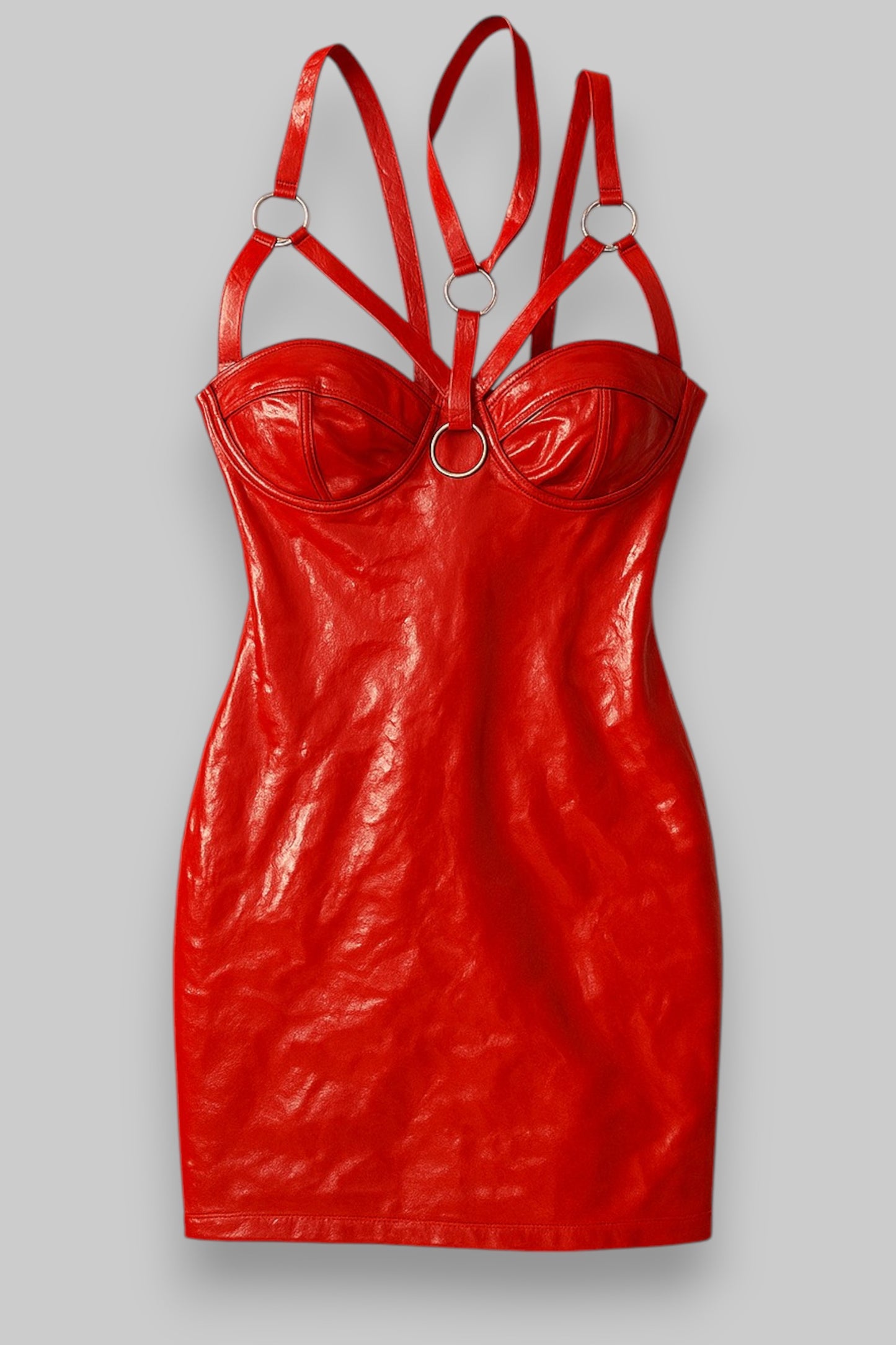 Glossy Red Strappy Bodycon Mini Dress – Patent Faux Leather