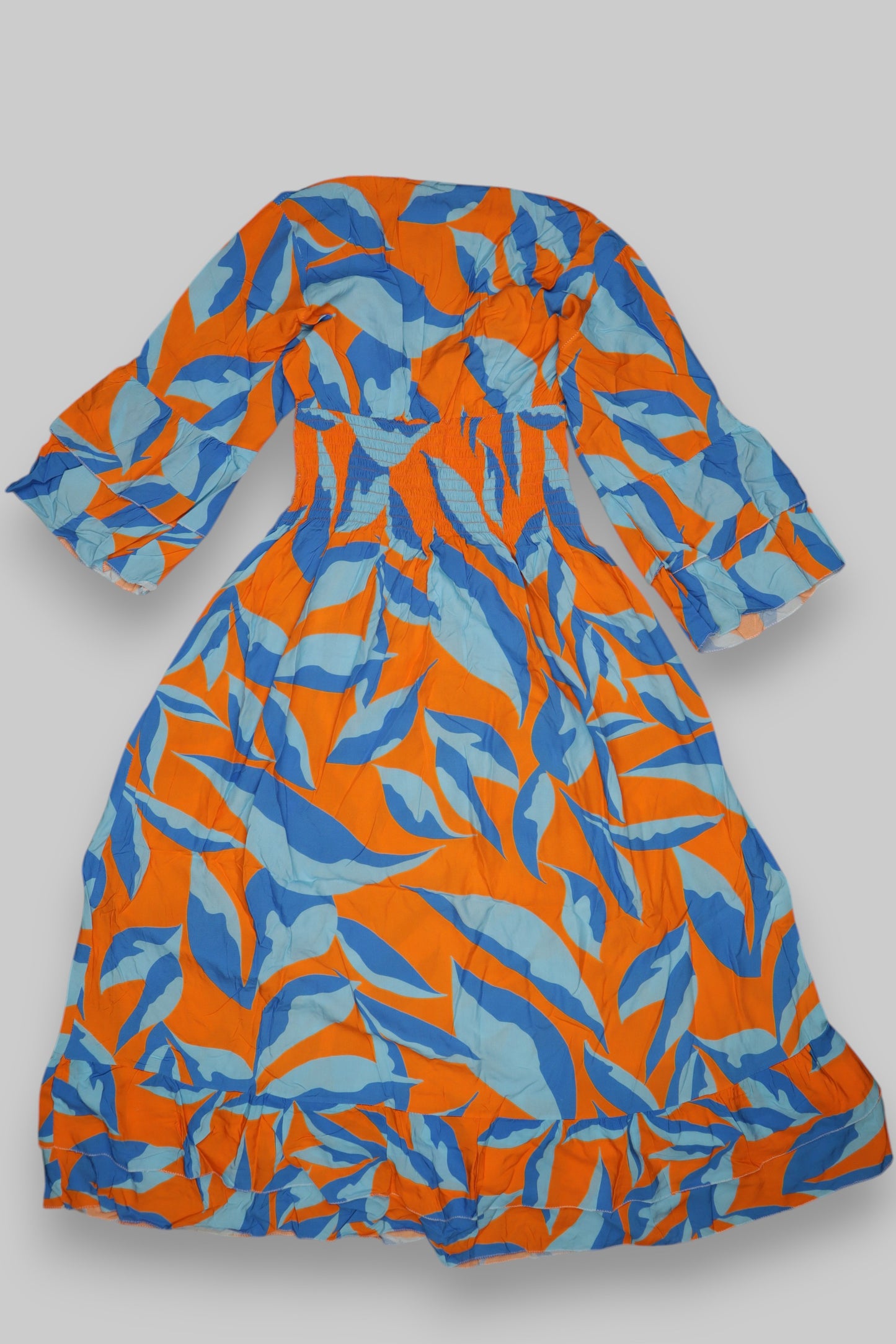 Bohemian Orange & Blue Leaf Print Maxi Dress – Smocked Waist & Flared Sleeves
