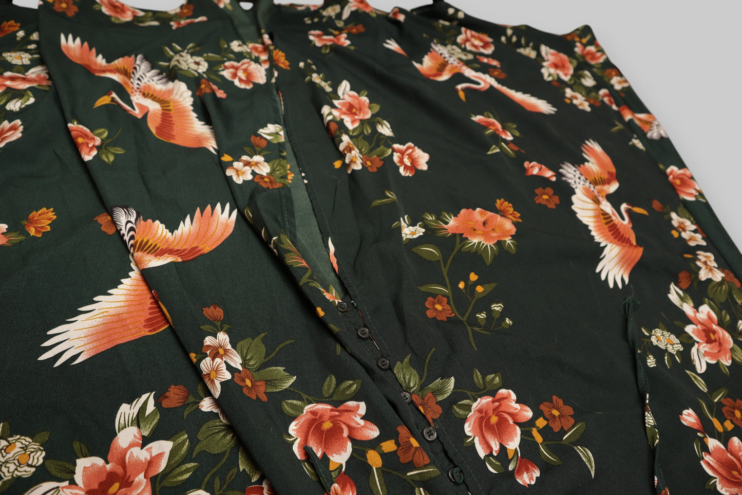 Crane & Floral Print Wrap Midi Dress – Deep Forest Green | Long Sleeve | Elegant & Flowing