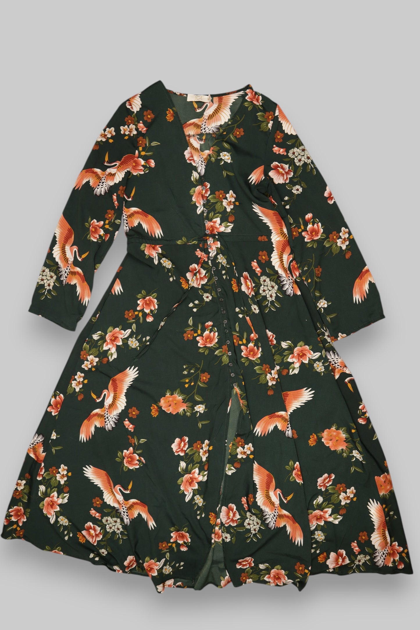 Crane & Floral Print Wrap Midi Dress – Deep Forest Green | Long Sleeve | Elegant & Flowing