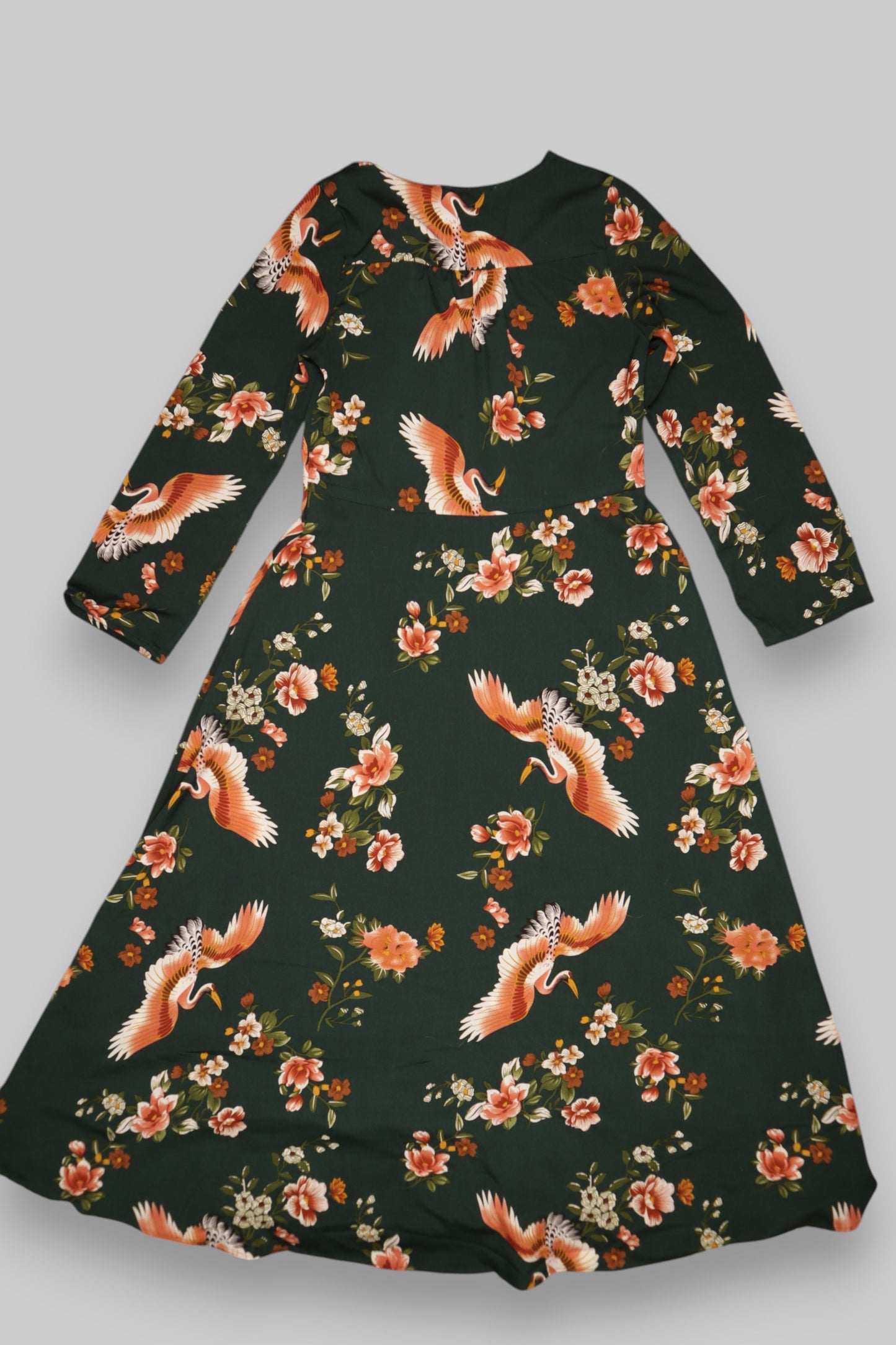 Crane & Floral Print Wrap Midi Dress – Deep Forest Green | Long Sleeve | Elegant & Flowing