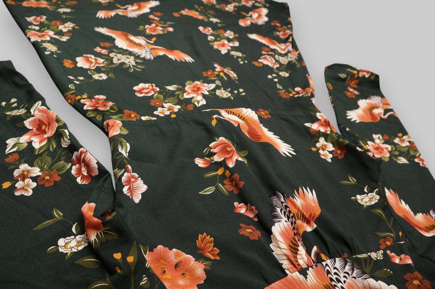 Crane & Floral Print Wrap Midi Dress – Deep Forest Green | Long Sleeve | Elegant & Flowing