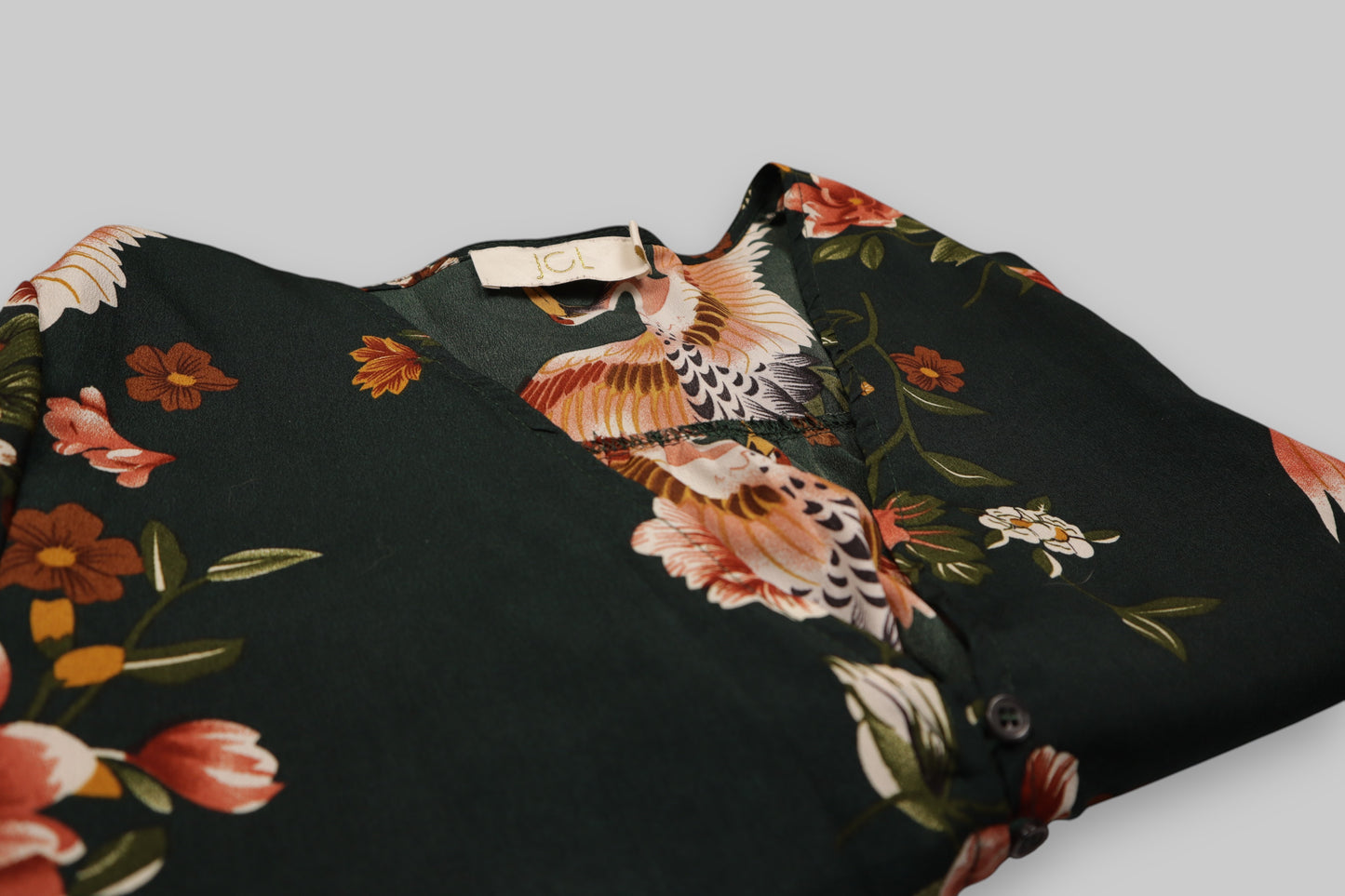 Crane & Floral Print Wrap Midi Dress – Deep Forest Green | Long Sleeve | Elegant & Flowing