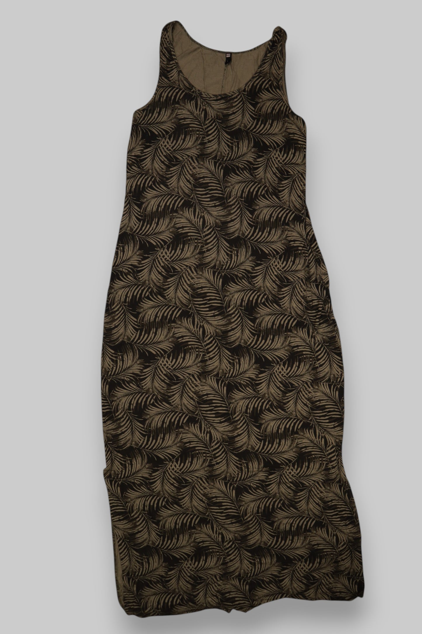 HEMA Sleeveless Maxi Dress – Olive Green Tropical Leaf Print | Size L