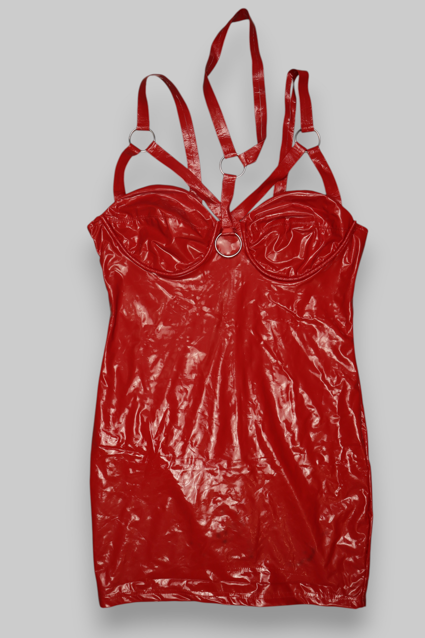 Glossy Red Strappy Bodycon Mini Dress – Patent Faux Leather