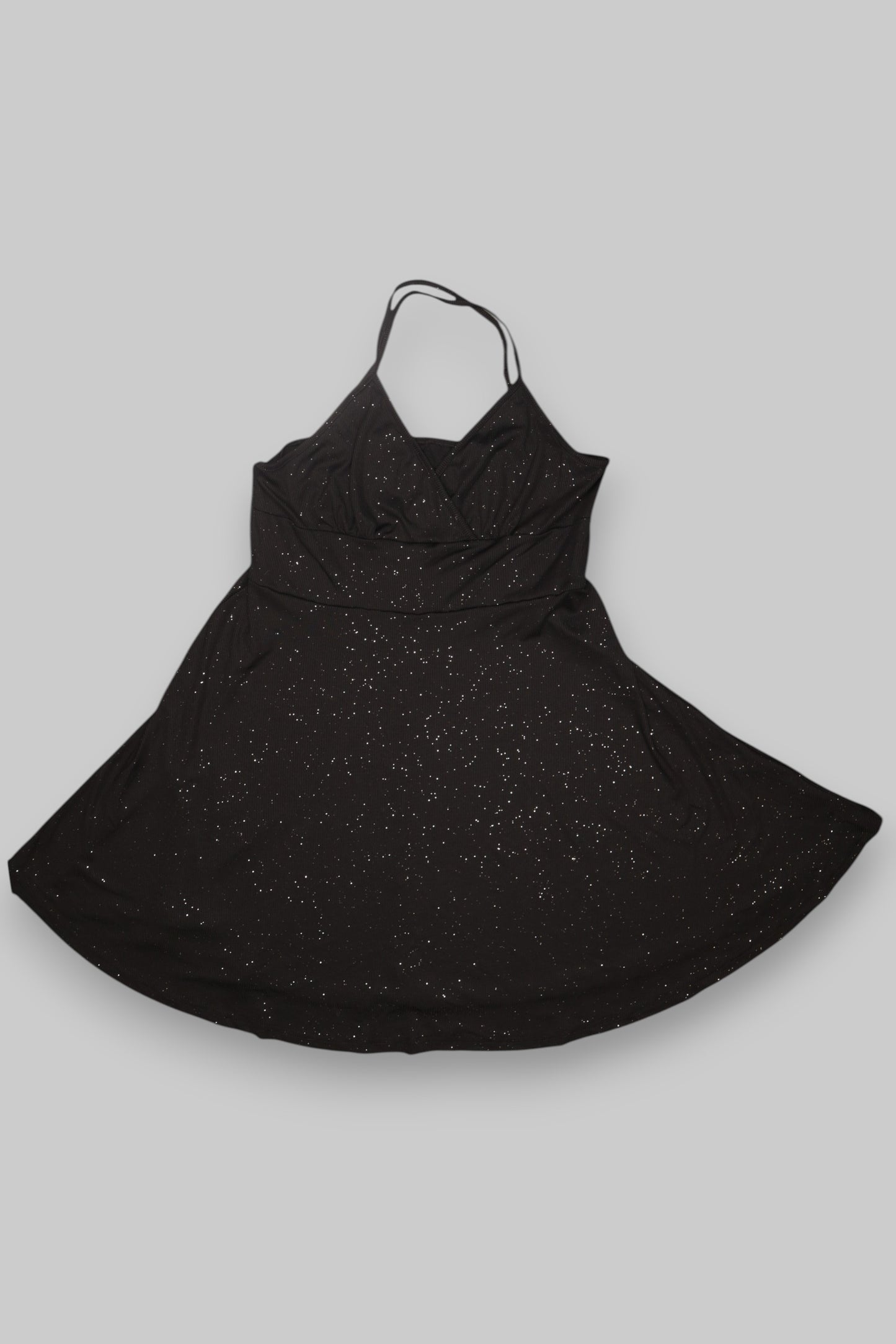 Black & Silver Speckled A-Line Mini Dress – Halter Neck | Ribbed Sparkle Fabric