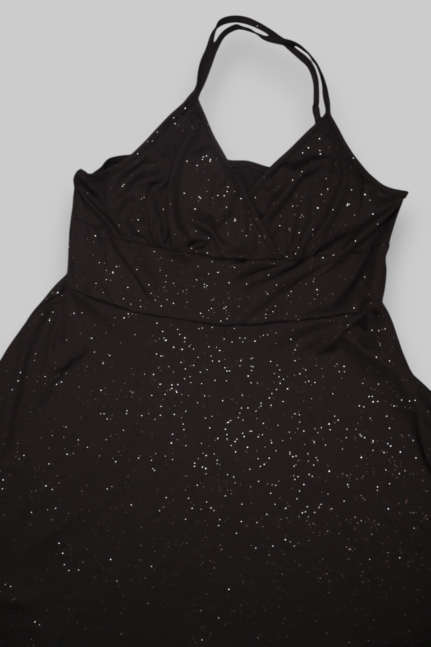 Black & Silver Speckled A-Line Mini Dress – Halter Neck | Ribbed Sparkle Fabric