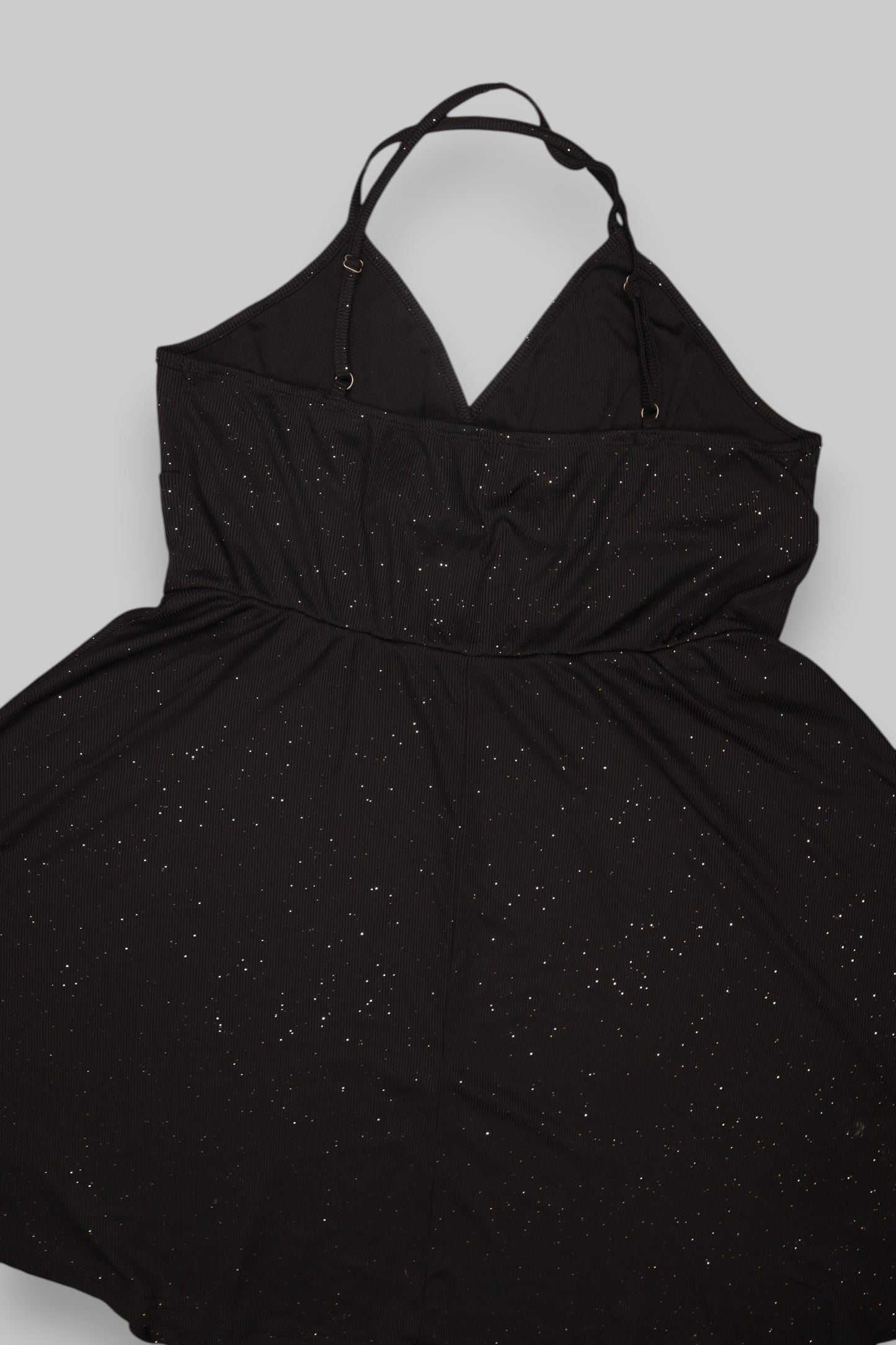 Black & Silver Speckled A-Line Mini Dress – Halter Neck | Ribbed Sparkle Fabric
