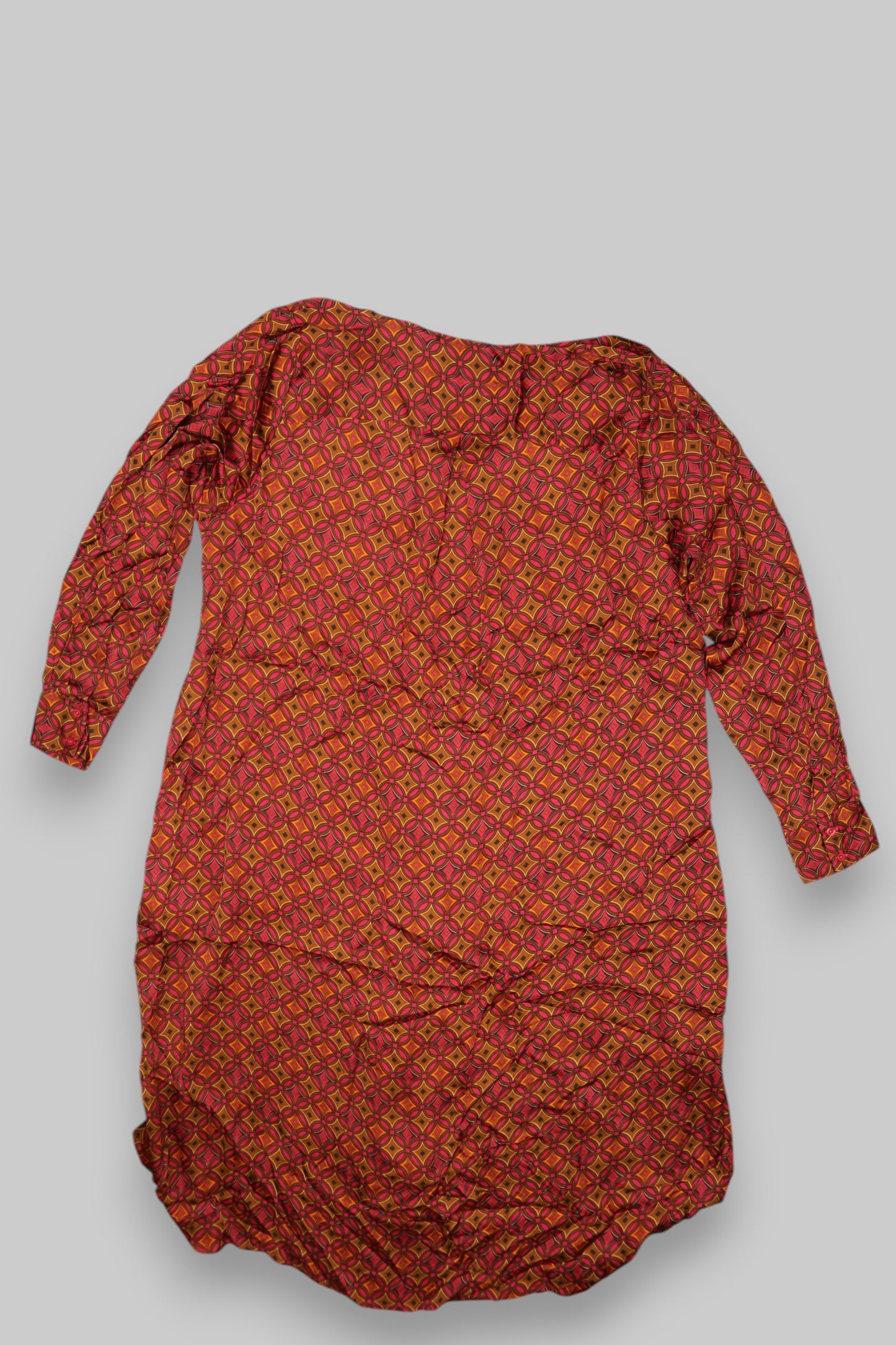Women's Geometric Print Shirt Dress – Long Sleeve, Flowing Viscose, Warm Tones