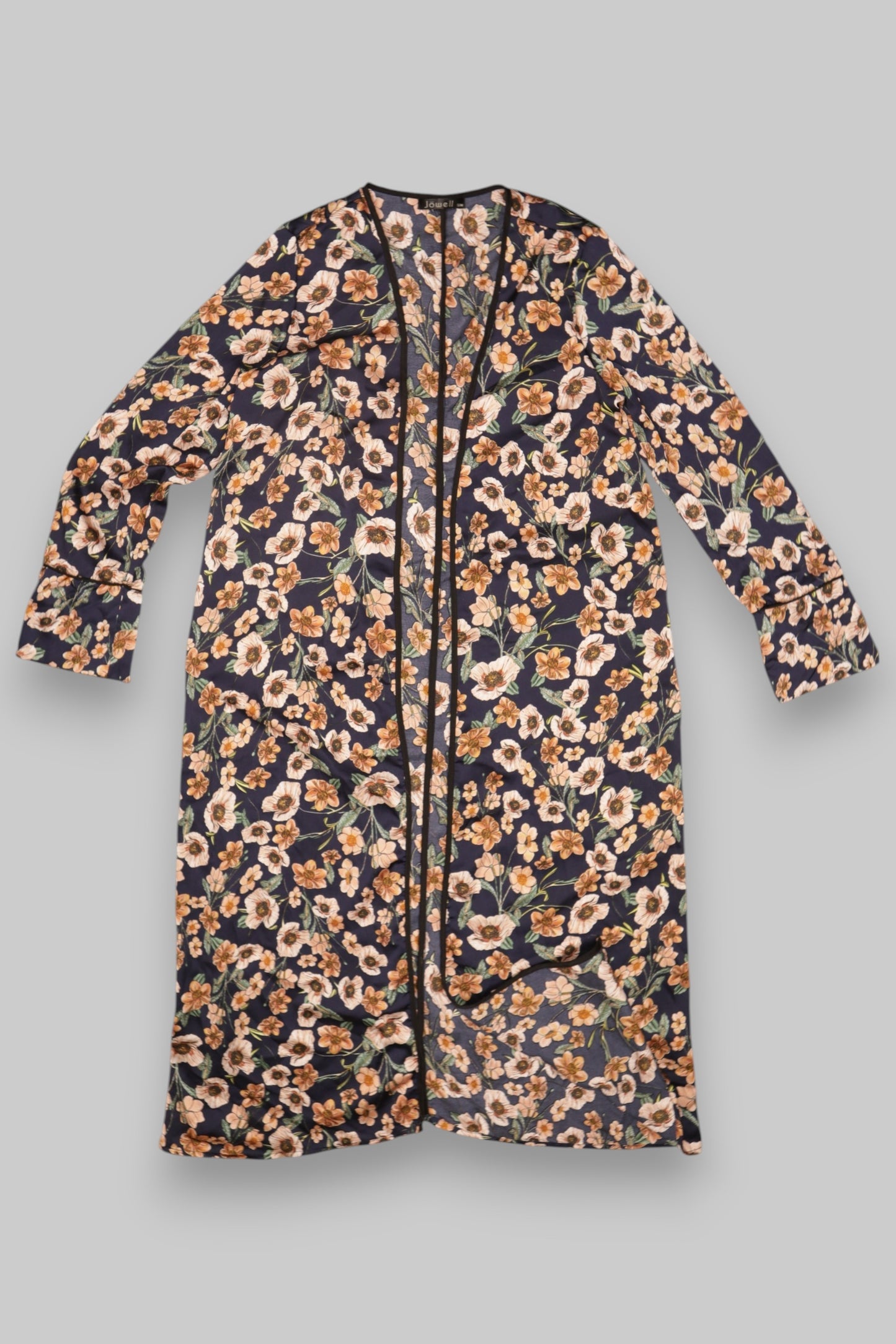 Jowell Floral Kimono Cardigan – Long, Lightweight, Navy with Peach & Green Tones (S/M)