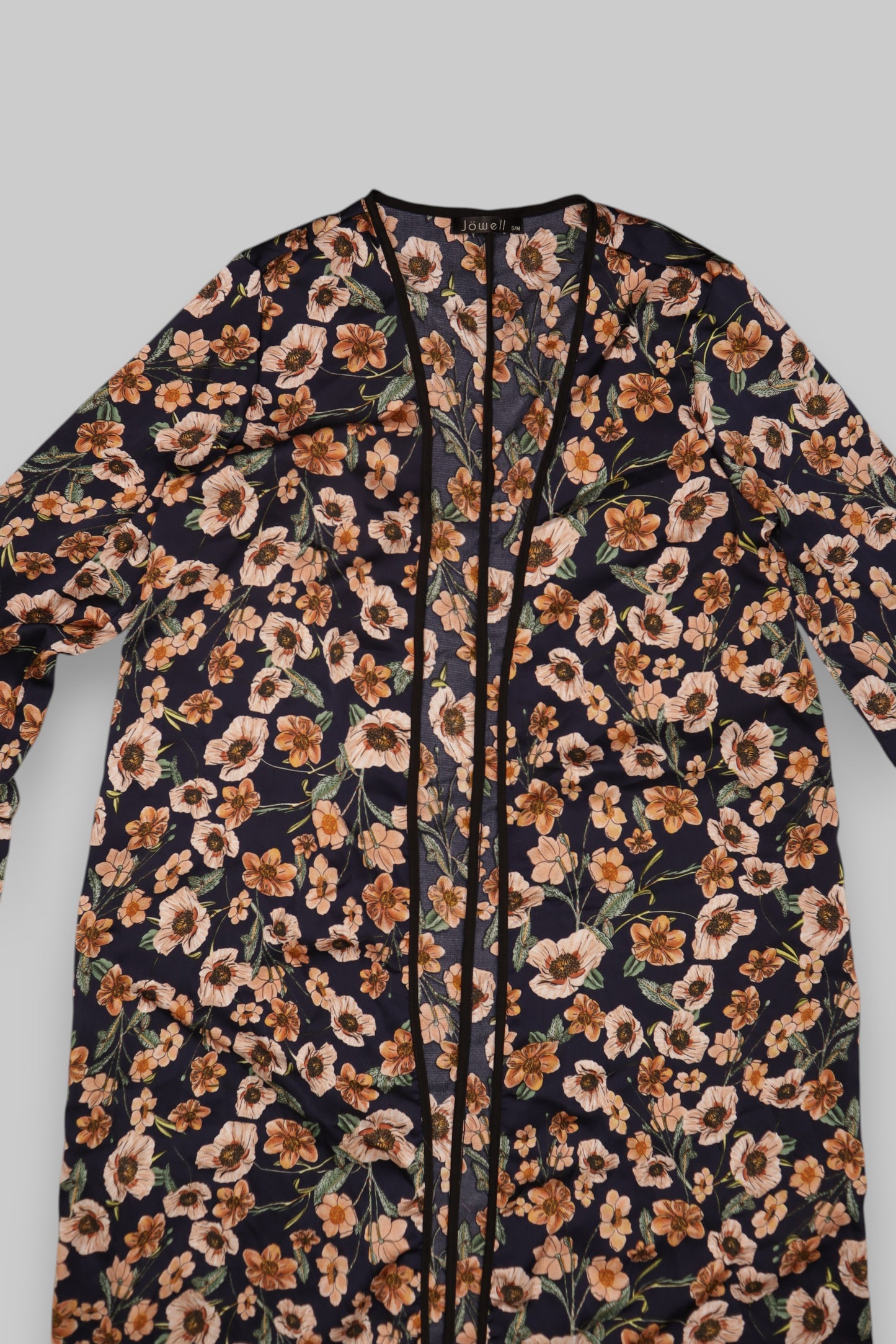 Jowell Floral Kimono Cardigan – Long, Lightweight, Navy with Peach & Green Tones (S/M)