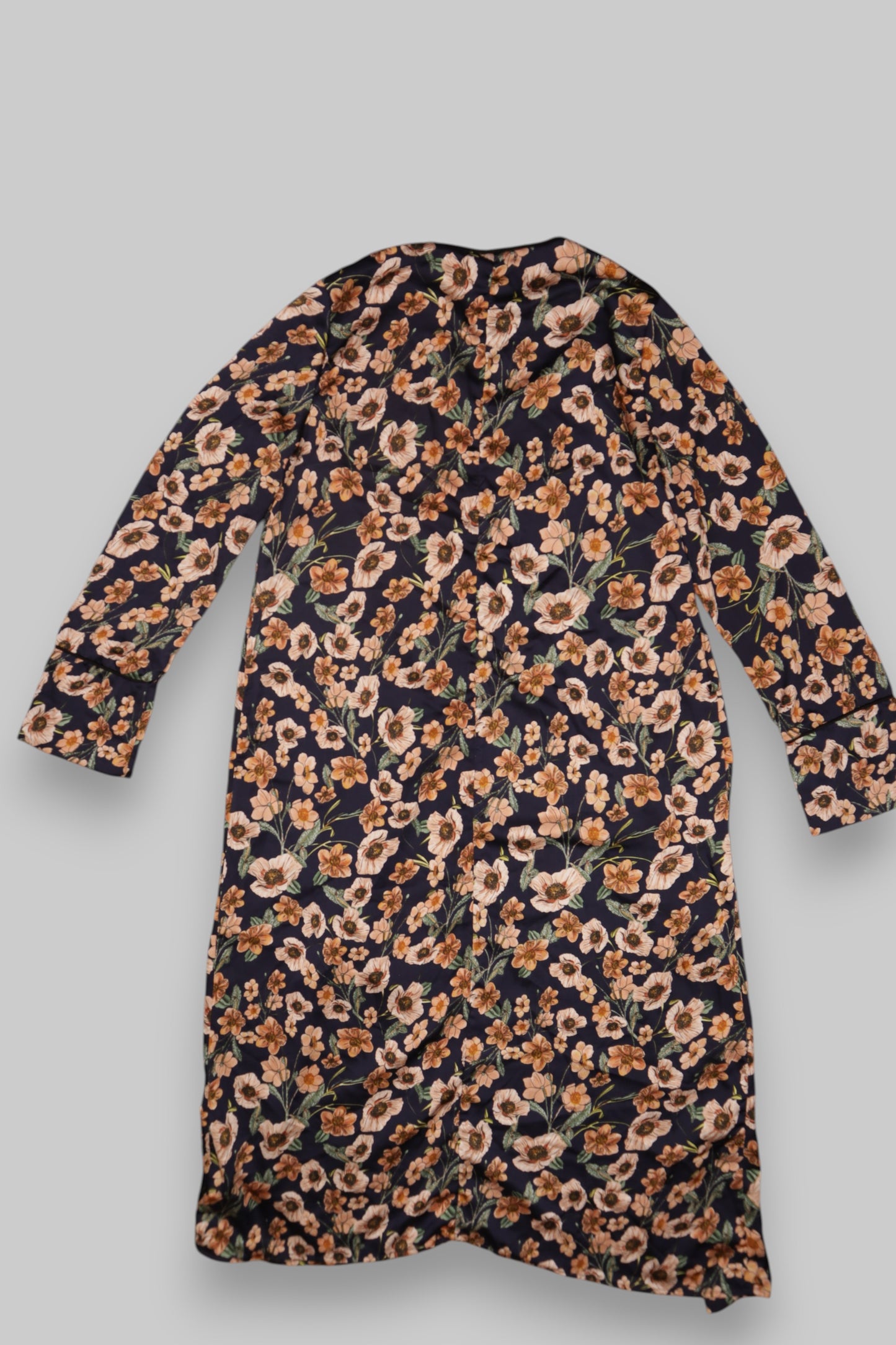 Jowell Floral Kimono Cardigan – Long, Lightweight, Navy with Peach & Green Tones (S/M)