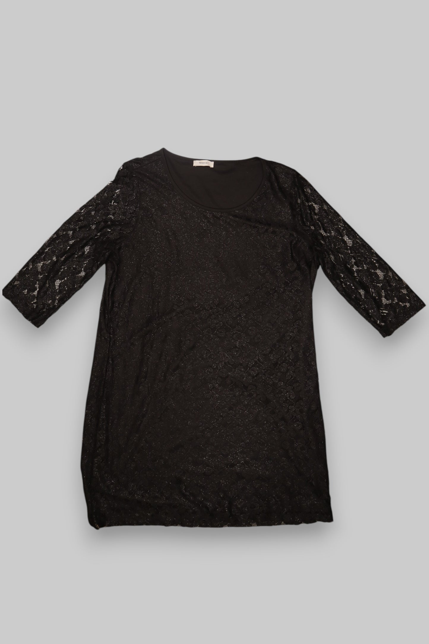 Yessica Black Lace Tunic Dress – 3/4 Sleeves, Shimmer Detail, Classic Scoop Neck