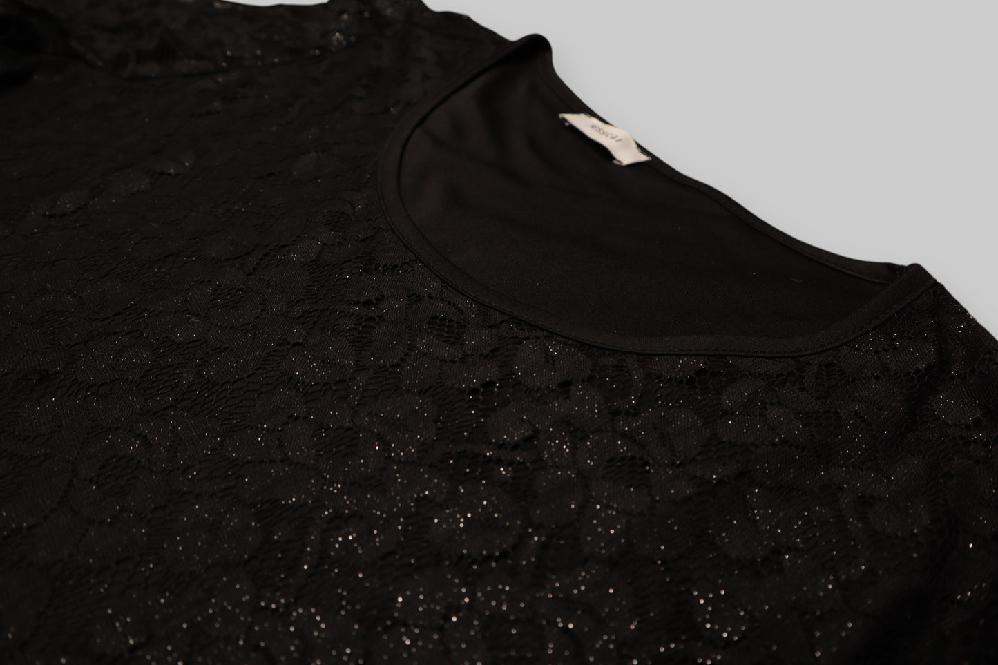 Yessica Black Lace Tunic Dress – 3/4 Sleeves, Shimmer Detail, Classic Scoop Neck
