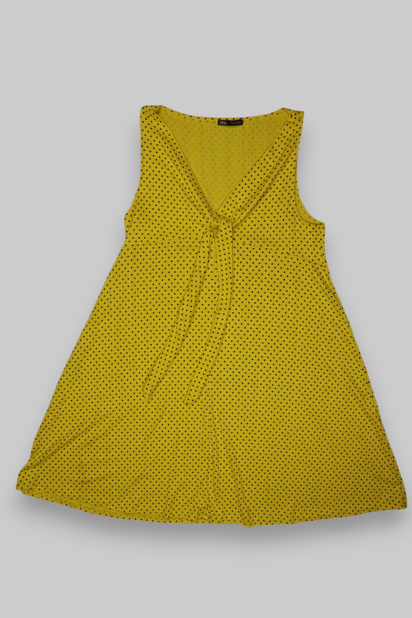 ZARA Yellow Polka Dot Sleeveless Dress – V-Neck Wrap Style, A-Line, Front Tie