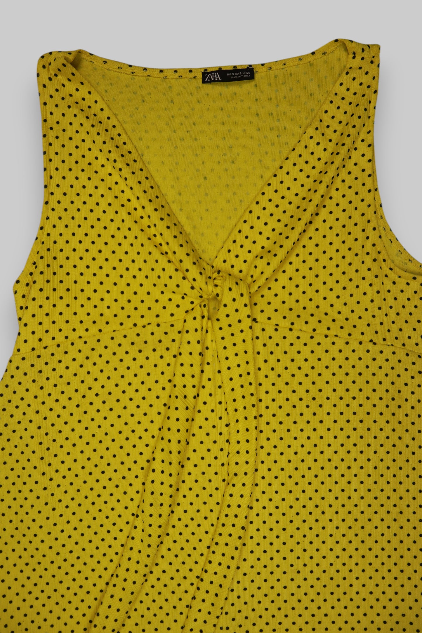 ZARA Yellow Polka Dot Sleeveless Dress – V-Neck Wrap Style, A-Line, Front Tie