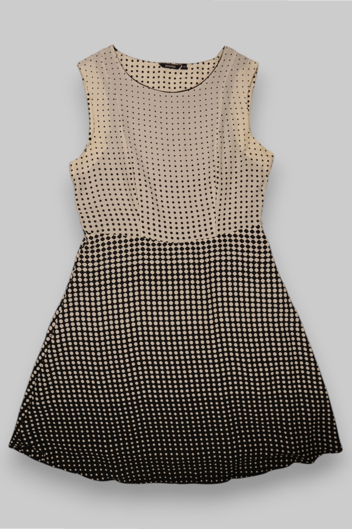 Promiss Sleeveless Ombre Polka Dot Dress – Ivory to Black Gradient, A-Line, Size 40