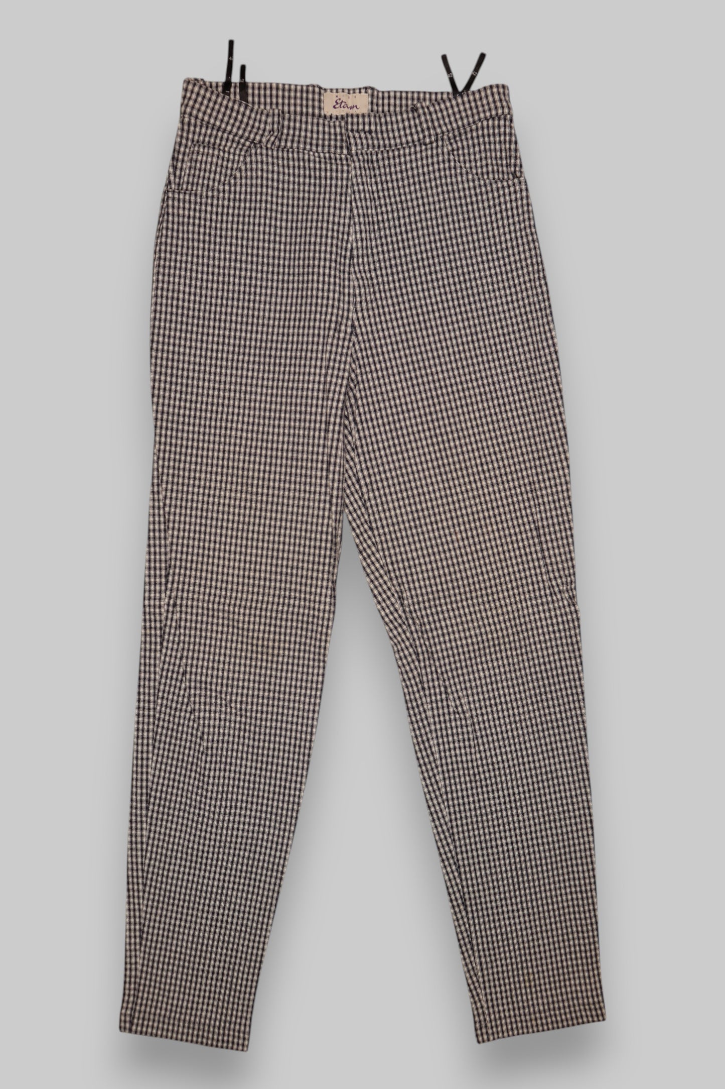 Etam Women’s Slim-Fit Gingham Trousers – Black & Cream Micro-Check Print