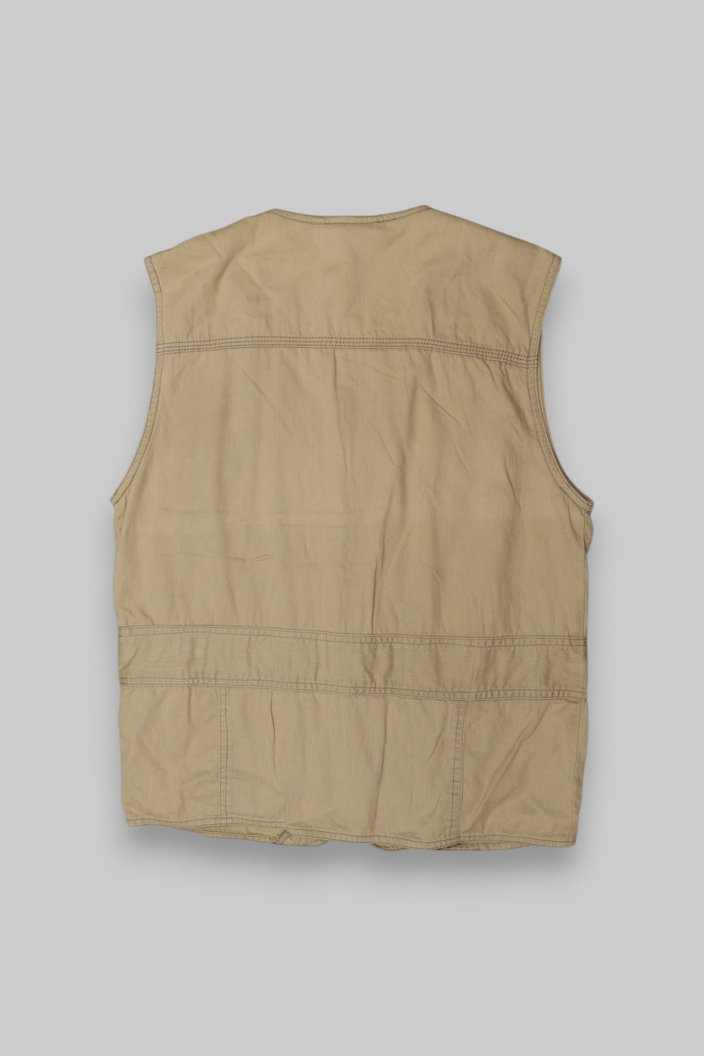 Street Fashion Beige Utility Vest – Brass Zipper, Embroidered Patch, Cotton