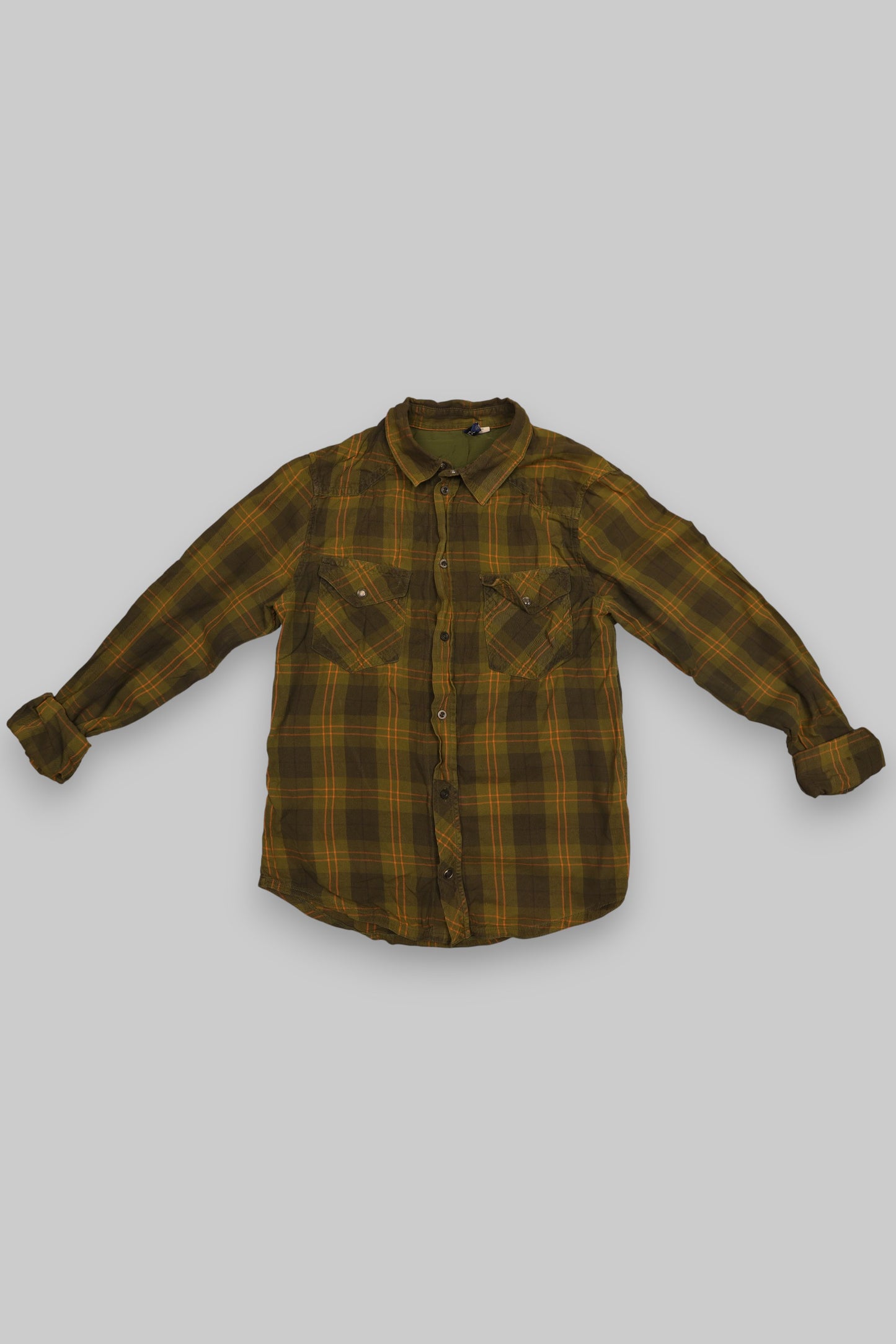 H&amp;M Men’s Long-Sleeve Flannel Shirt – Olive Green with Orange &amp; Yellow Plaid