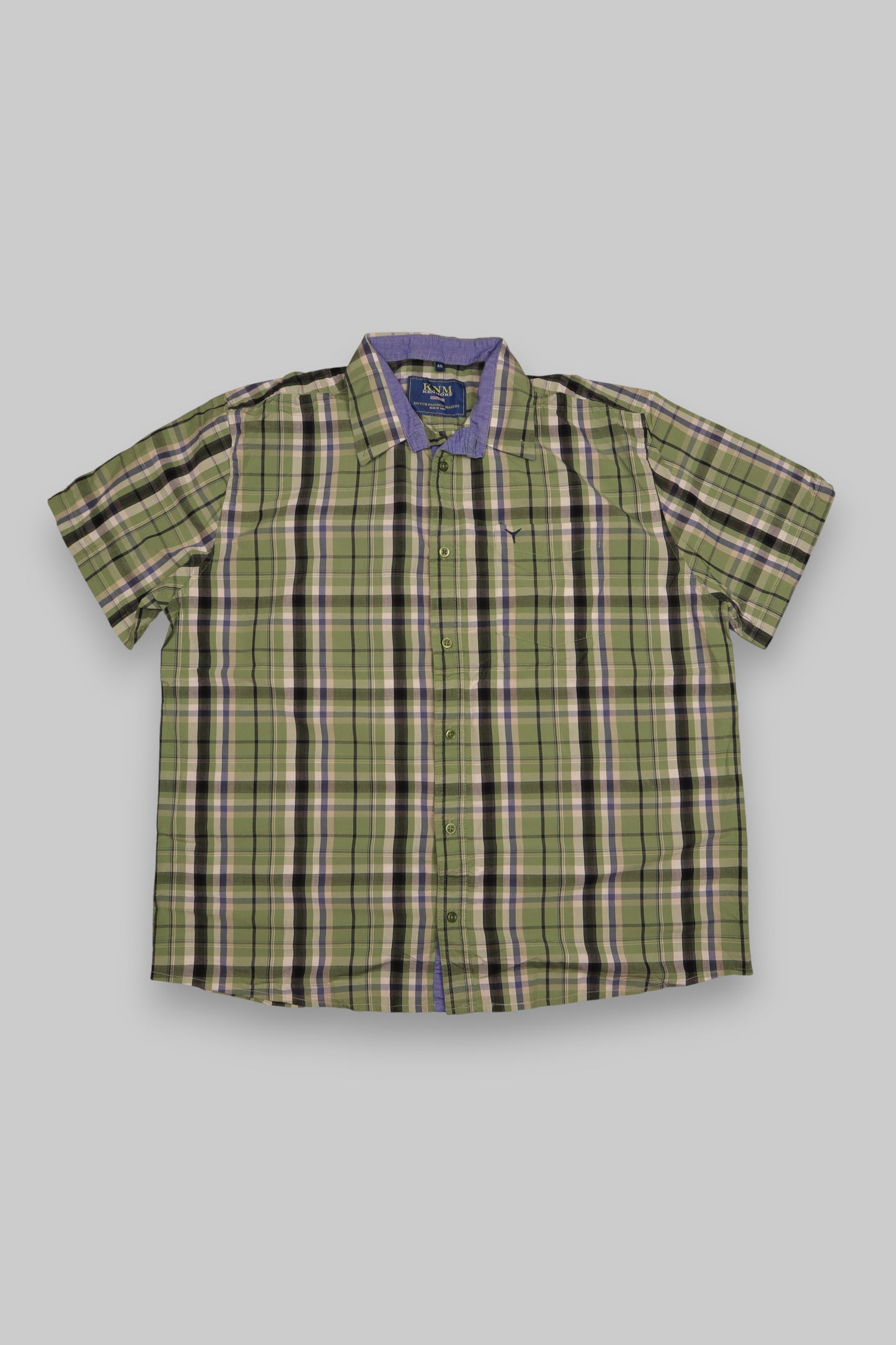 KNM Kenmore Men’s Short-Sleeve Plaid Shirt – Green, Blue &amp; White Check