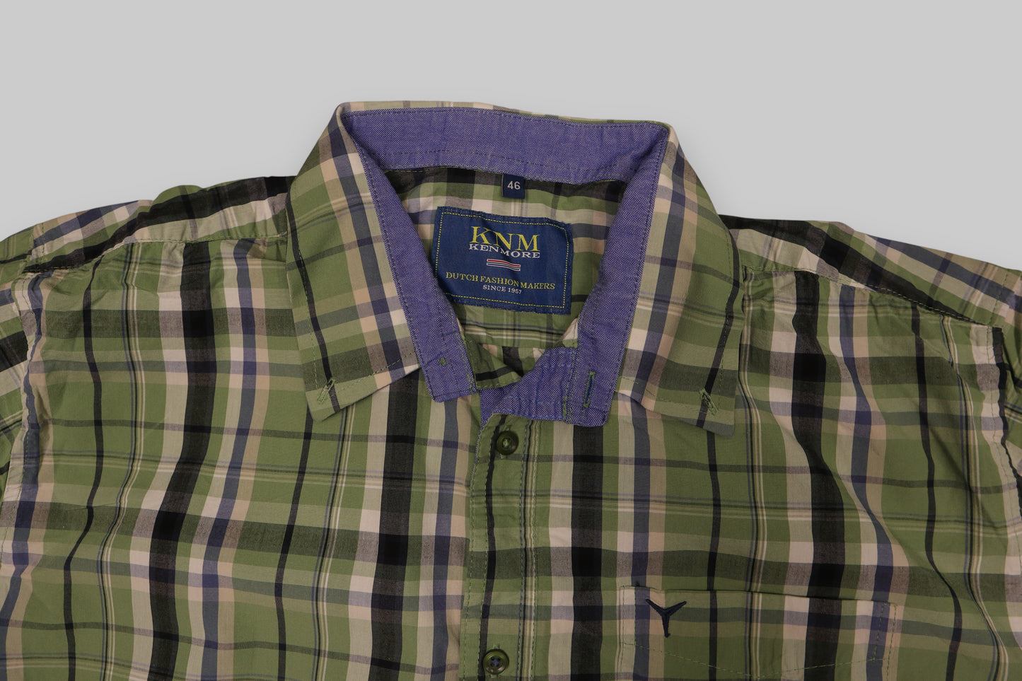 KNM Kenmore Men’s Short-Sleeve Plaid Shirt – Green, Blue &amp; White Check