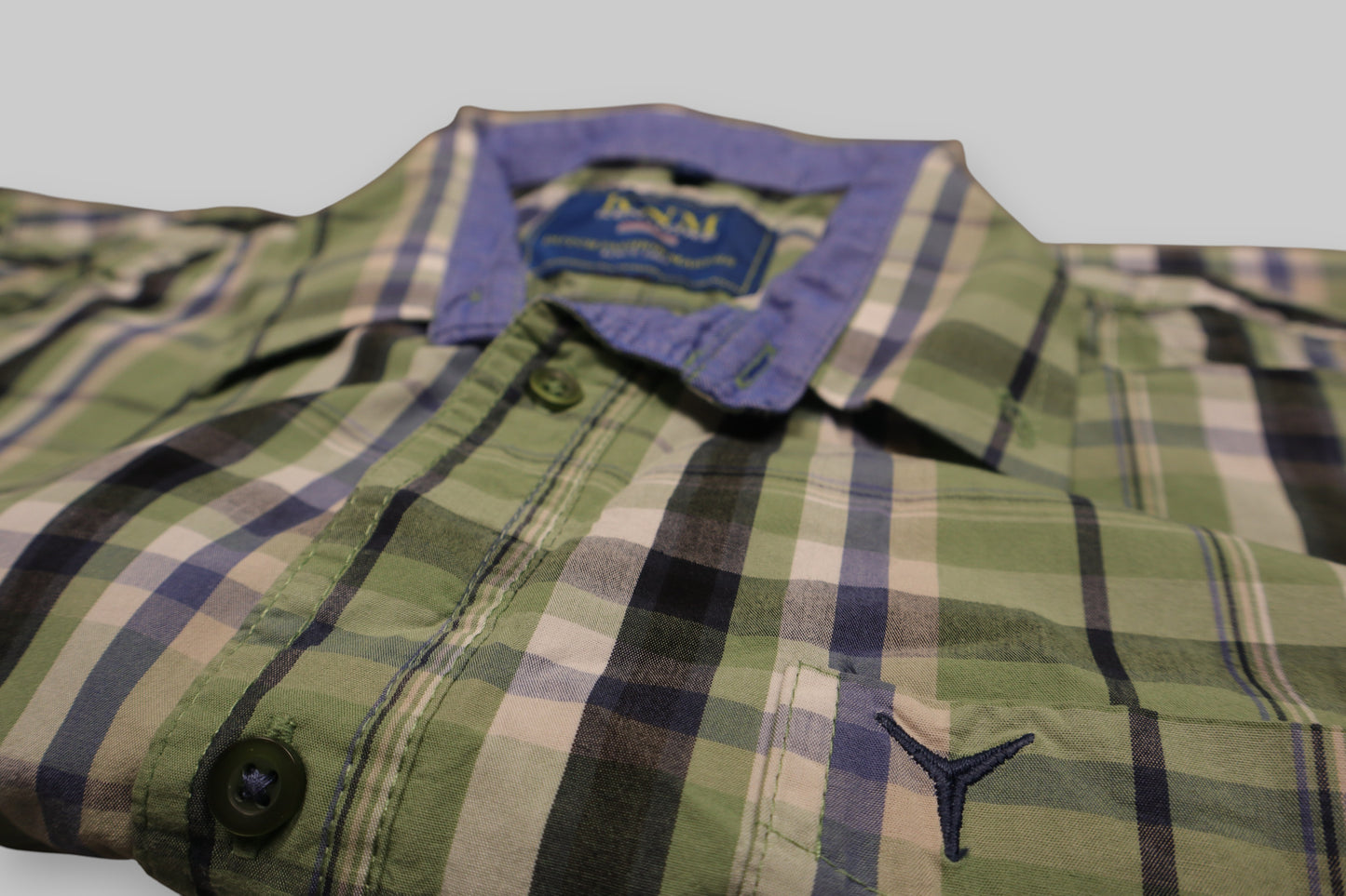 KNM Kenmore Men’s Short-Sleeve Plaid Shirt – Green, Blue &amp; White Check