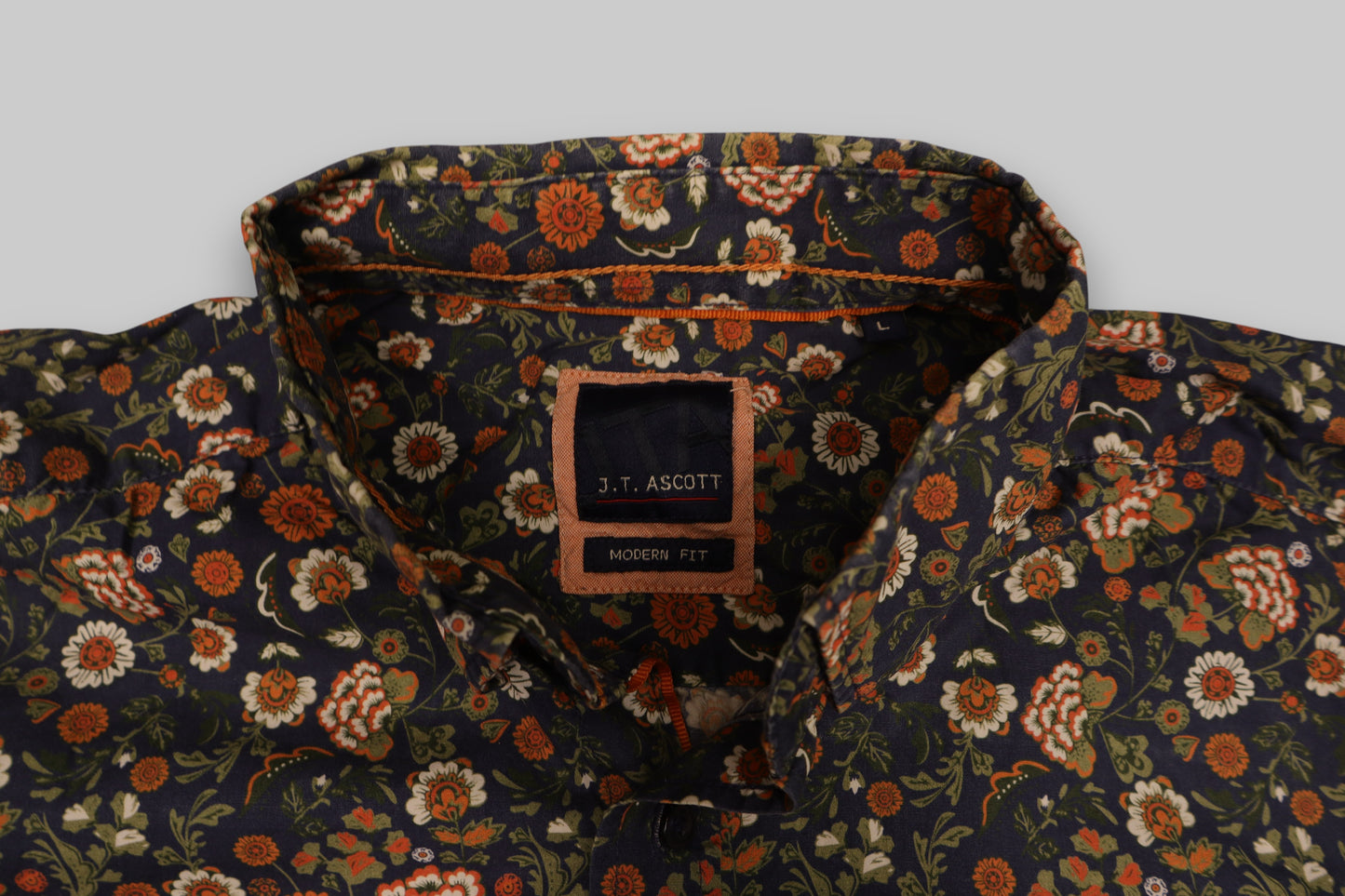 J.T. Ascott Men’s Long-Sleeve Floral Shirt – Navy Blue with Multicolor Print (Modern Fit)