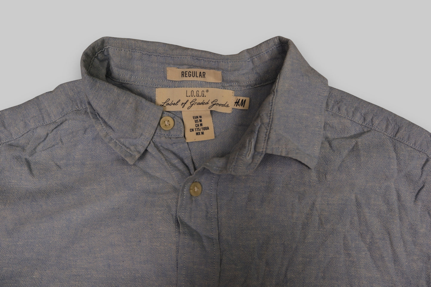 H&amp;M L.O.G.G. Men’s Light Blue Chambray Cotton-Linen Shirt – Regular Fit (Size M)