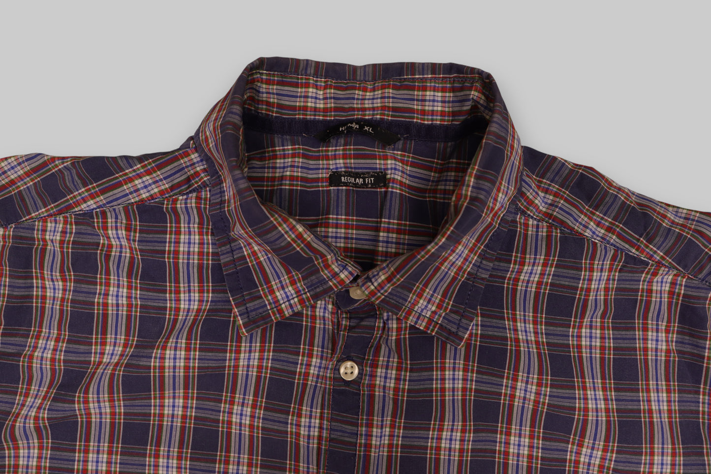 H&amp;M Men’s Long-Sleeve Plaid Shirt – Navy Blue with Multicolor Check (Regular Fit)