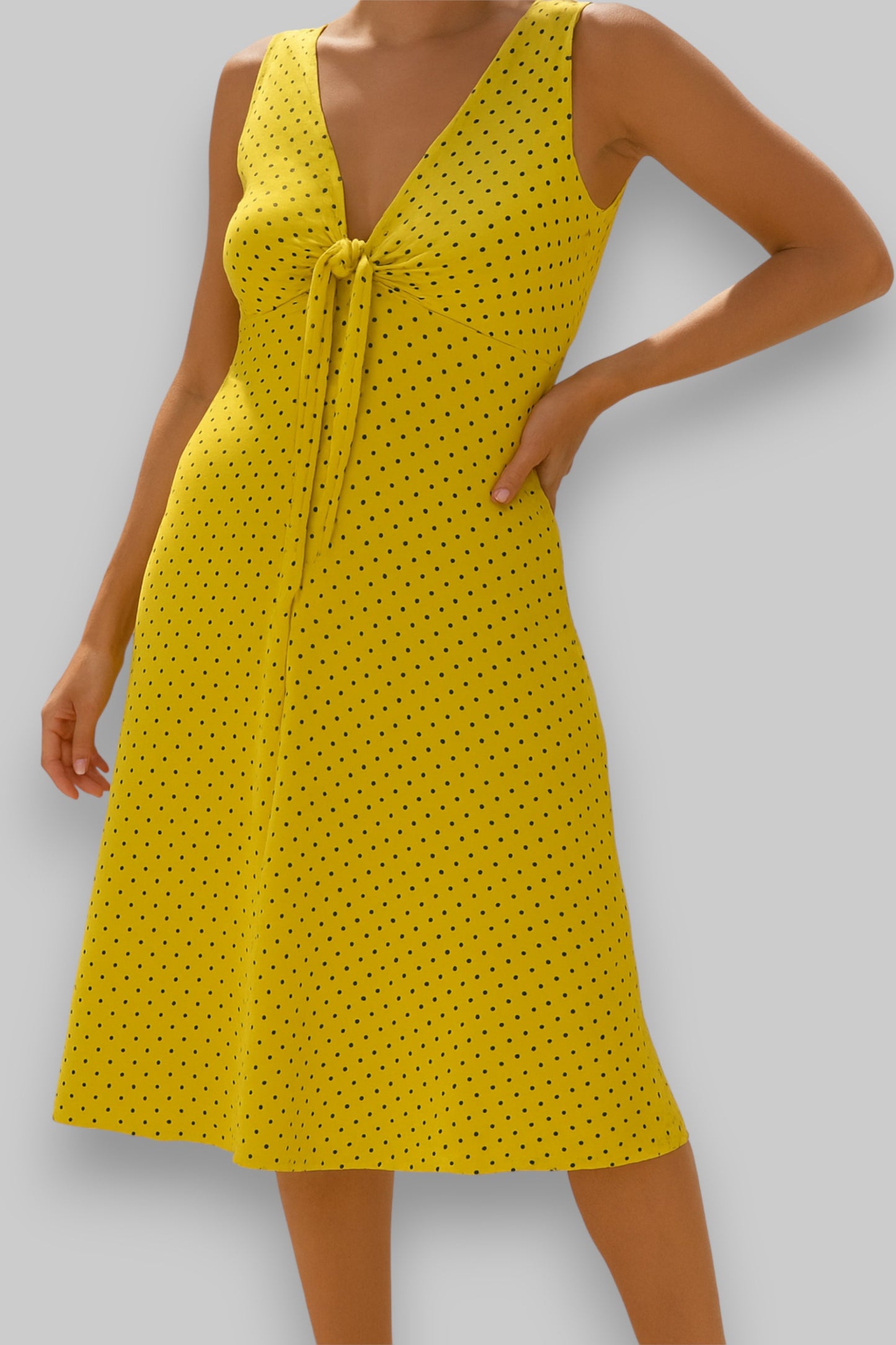 ZARA Yellow Polka Dot Sleeveless Dress – V-Neck Wrap Style, A-Line, Front Tie