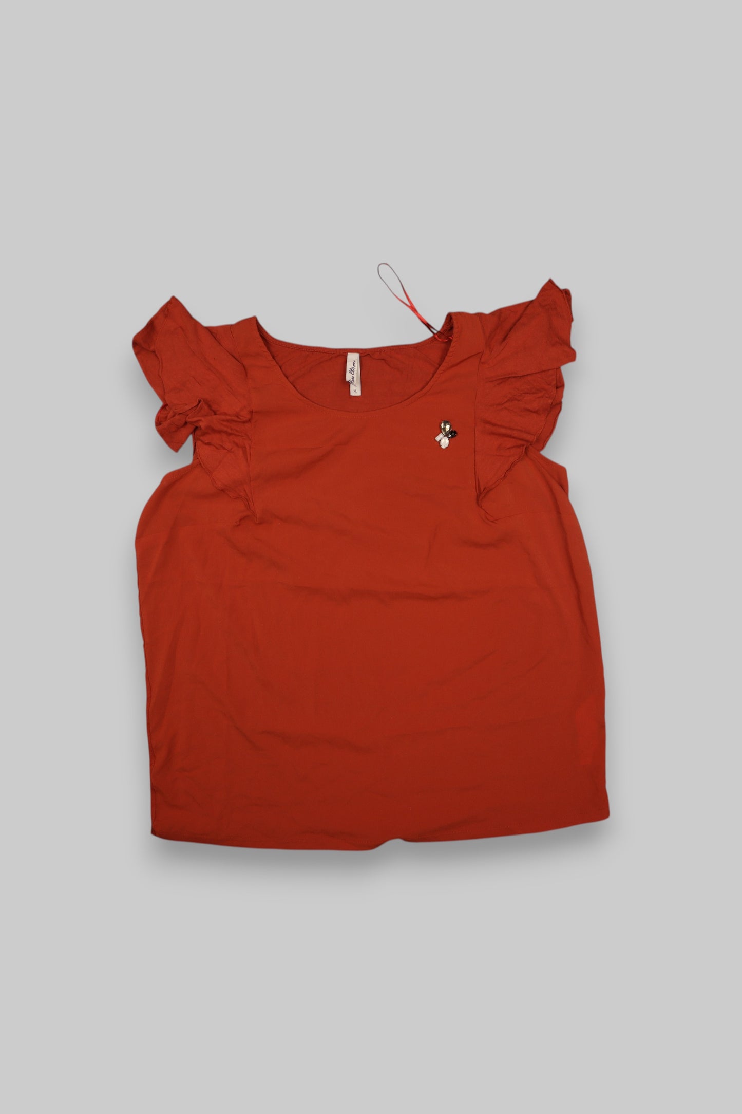 Mille Bornes Rust-Red Flutter Sleeve Blouse – Size XL Feminine Charm. Everyday Versatility.
