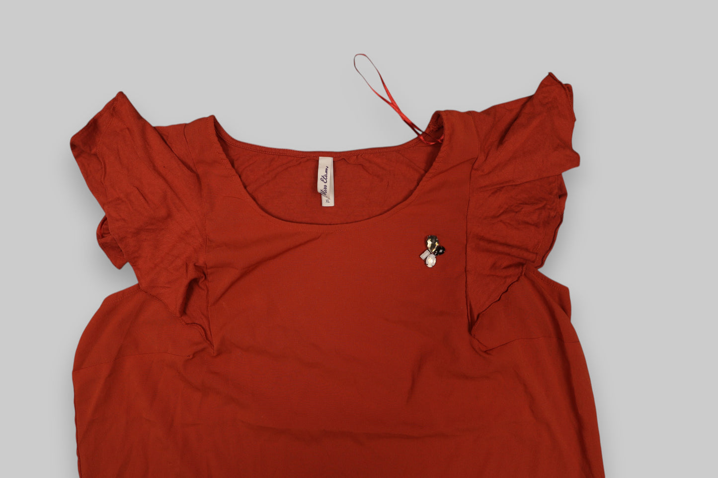 Mille Bornes Rust-Red Flutter Sleeve Blouse – Size XL Feminine Charm. Everyday Versatility.