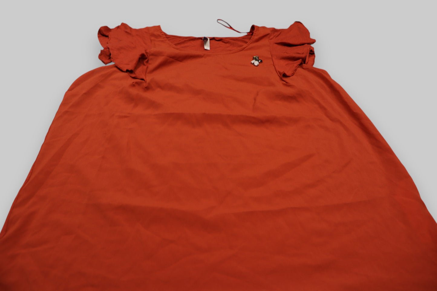 Mille Bornes Rust-Red Flutter Sleeve Blouse – Size XL Feminine Charm. Everyday Versatility.