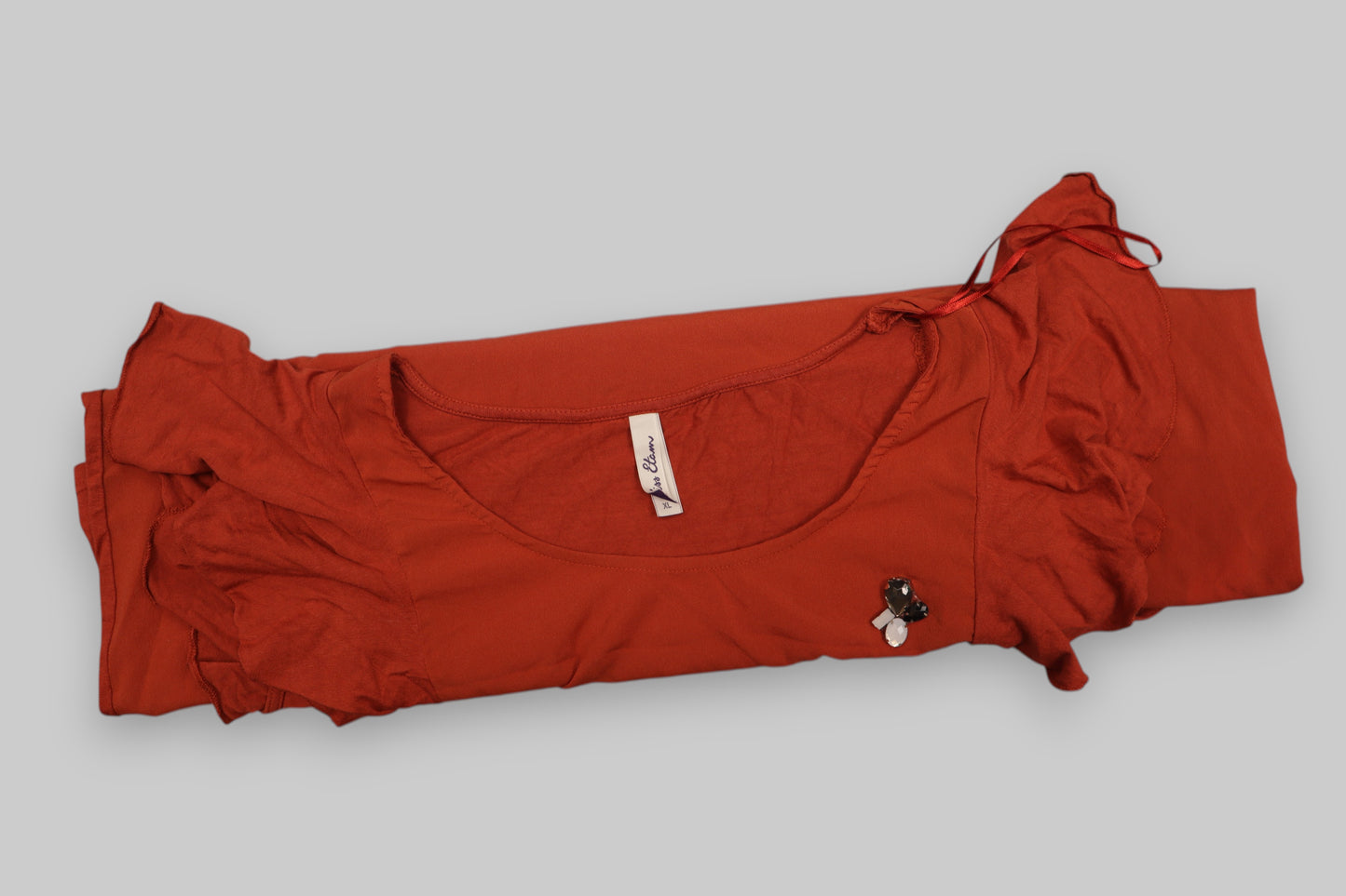 Mille Bornes Rust-Red Flutter Sleeve Blouse – Size XL Feminine Charm. Everyday Versatility.